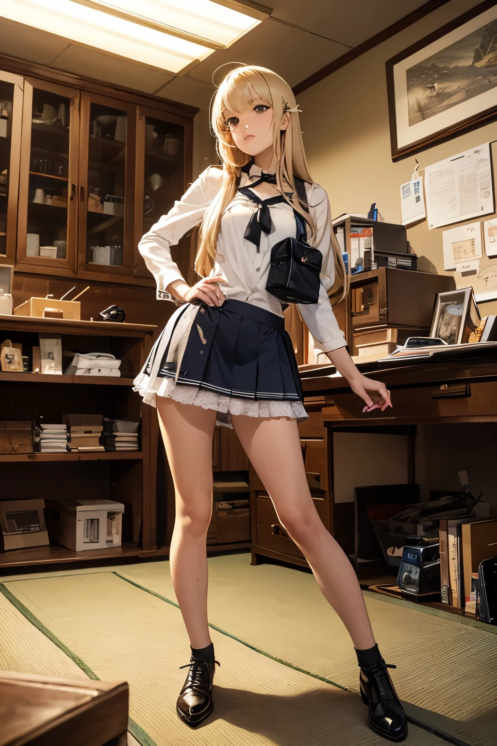 Sexy Anglo-Saxon girl,lace,blond,female high school student,green,spread legs,Intoxicated expression,frown,mouth slightly open,a vibrator,Place your hands on it,in a multi-person class,Squatting,wearing a skirt