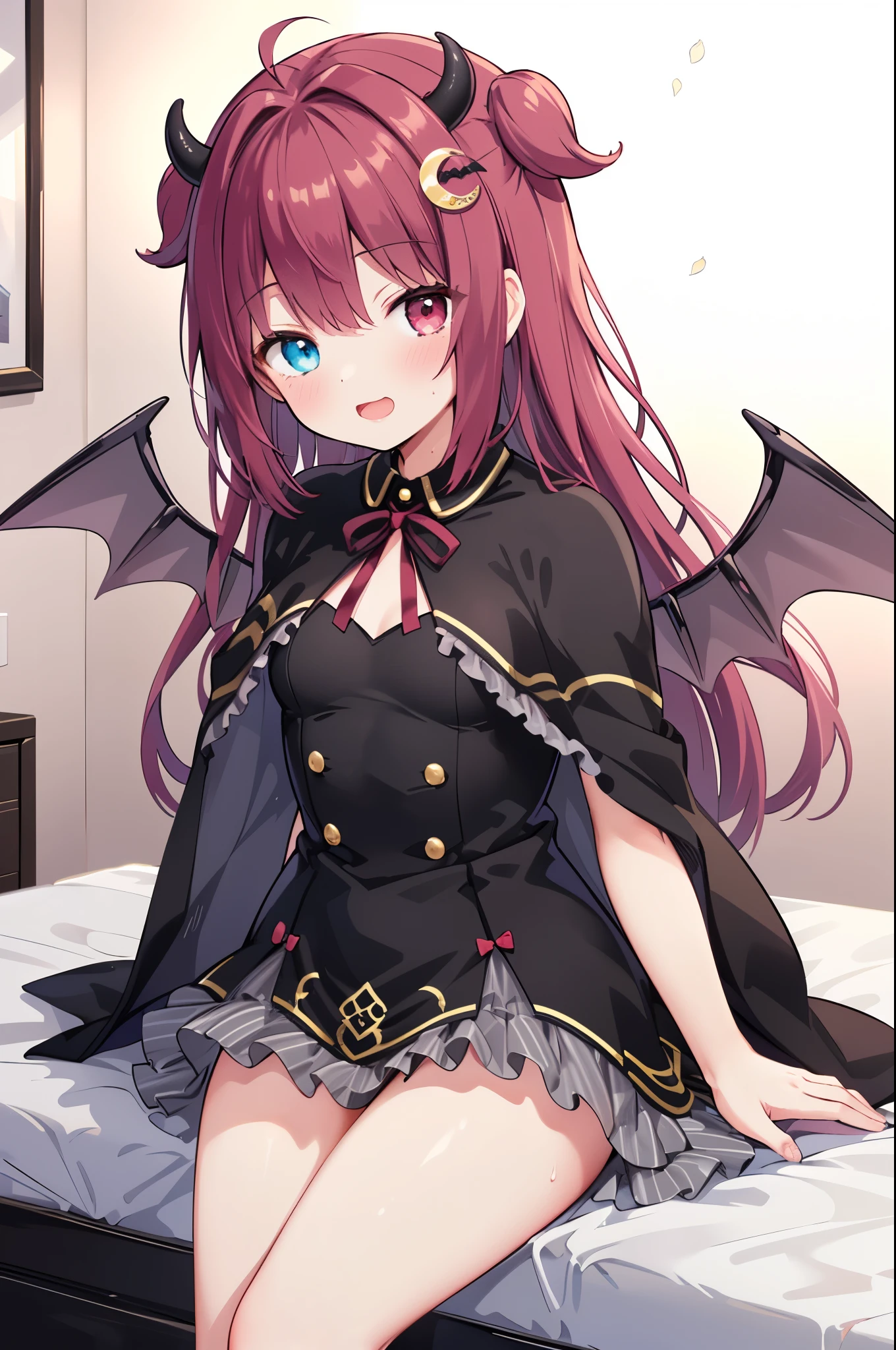 {{koakuma}}, touhou, bat wings, masterpiece, voluptuous thighs, 12 years old, flat chest, {1 girl}, cute and shy smile, sparkling eyes, completely nude, nsfw, spread legs wide, showing off pussy, red hair