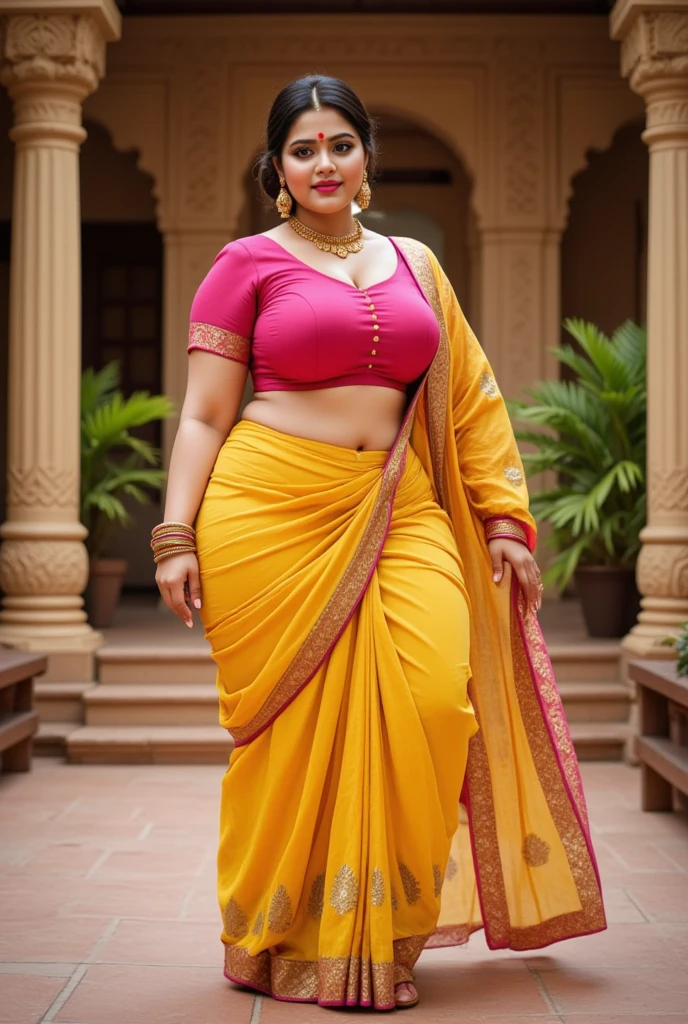 Very Realistic Photo of a Buxom Voluptuous Indian Woman wearing lovely random color, random design saree, Showing Ample Cleavage Walking Outside in The City, indian woman, indian type face