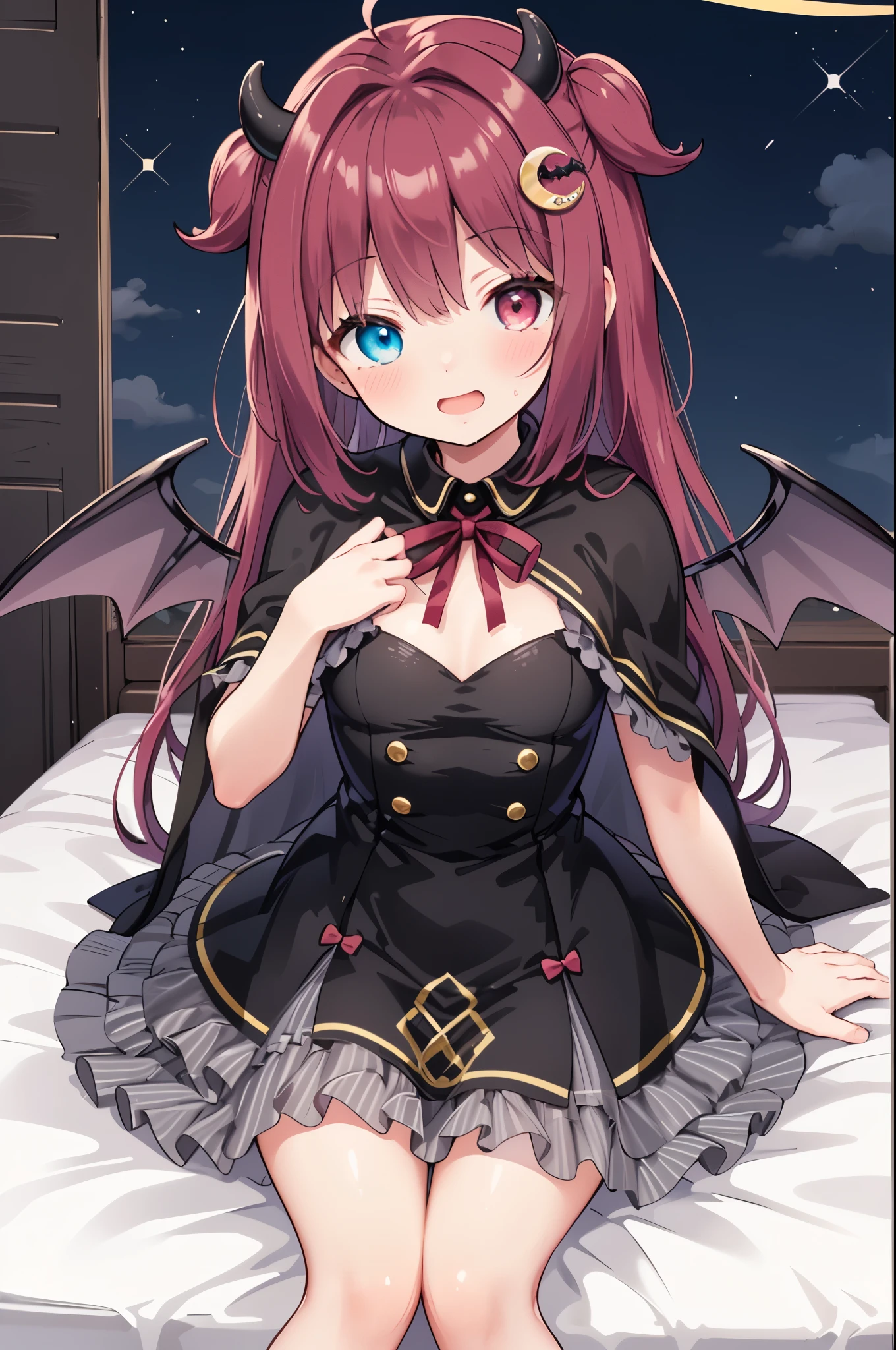 masterpiece, top quality , Detailed Details,Cinema Light,cowboy shot,Subdued red semi-long hair, no panties,(not wearing panties),(((right eye is blue and left eye is red),(The right eye is blue and the left eye is red Odd Eye))),((Your right and left eyes are different)), (((wearing a cute black dress with a short cape))),((yuzuki roa/Yumezuki Roa))),(The right eye is blue and the left eye is red),( detailed textured lighting) ,(((wearing a cute black dress with a short cape))),((shiny skin)),viewer detail surface lighting ), Calm red long hair,((Bat feathers growing on her back)),with 2 small horns growing on the head,crescent moon hair ornament on the head,perfect ratio,slim waist, slim body , beautiful body,middle size breasts,big eyes,view from below,(Mischievous expression,embarrassed face),(sitting),(plump camel toes),(spread your legs),((yuzuki roa/Yumezuki Roa))),The background is a cute bedroom ,open your mouth and smile,wearing a cute black dress with a short cape,Your butt looks good,not wearing panties, roll up a miniskirt on a ,crotch is wet,