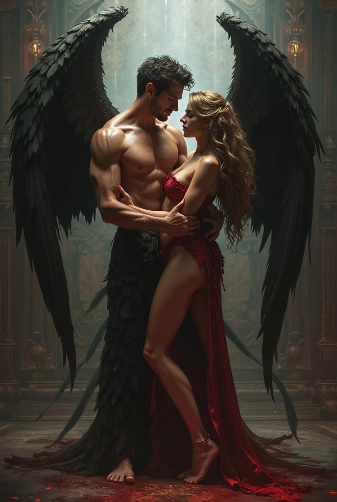 there are two men that are kissing in front of a moon, cinematic film still, shutterstock, film grain, ultra-photorealistic, eros and thanatos, muscular men romantically together, two muscular men embracing in each other arms, muscular male incubus with dark red horns, celestial god-like male angel with breathtaking angel wings, beautiful contrasting, intricate details, good and evil, demon versus angel, good and evil, romance novel cover, homoerotic, gay love, dark romantic fantasy, twilight atmospheric glow