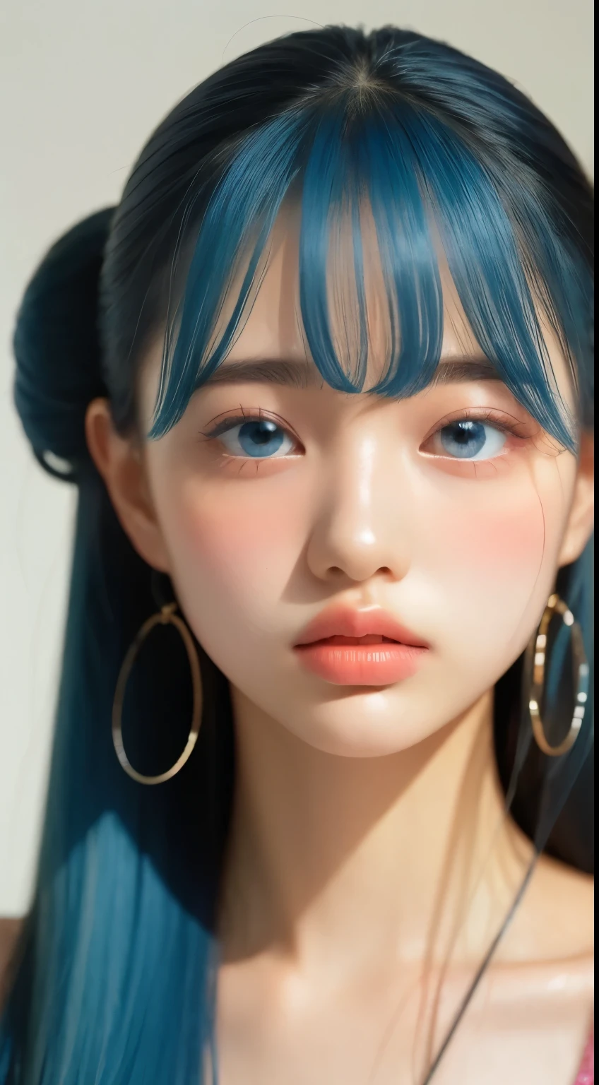 (a closeup:1.6), masterpiece, top-quality, 8K, absurderes, beautiful a girl, Clean face, looking at the viewers, A smile, Ruby Earrings, ruby necklace, Teen, cute little, (Glitter and smoky red eyeshadow and glitter, glazed pinkish red lips:0.8), A hyper-realistic, hight resolution, a picture, film grains, chromatic abberation, foco nítido, nffsw, face lights, Dynamic lighting, 电影灯光, Professional Shadows, simple background, (Dull blue background:1.3)、highestdetailed、Extreme details、ultra-detailliert、detaile、authentic skin、delicated facial features、detailed faces and eyes、Sharp pupils、Realistic pupils、(Black eye:1.0)、full bodyesbian、