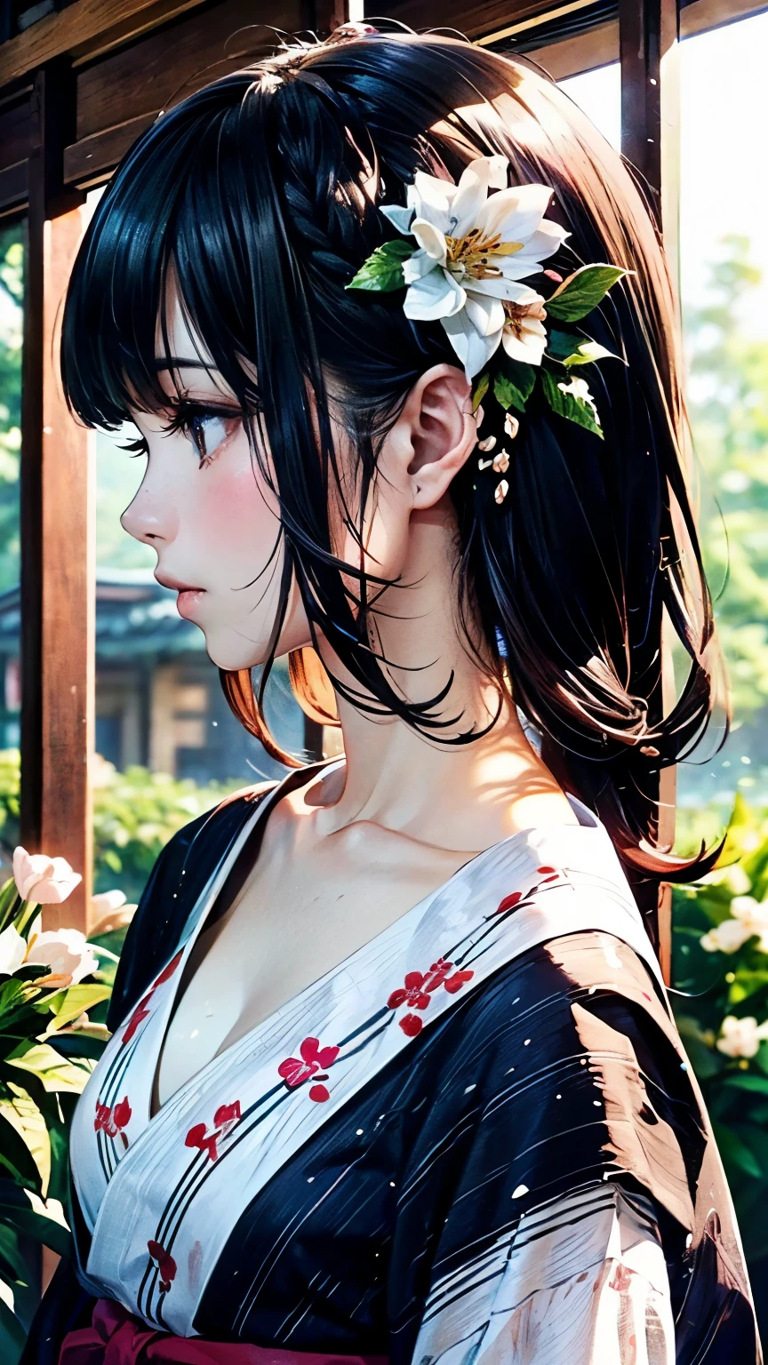 ink painting style, ink wash painting,(Official Art、top quality、 Unity 8k Wallpaper、32K、masterpiece、very detailed、Ultra High Resolution、 oil painting style :1.2)、slender、medium bust、(full body:1.2)、(profile in landscape orientation from、I looked away) :1.2)、high detailed background、 almond-shaped eyes、blurry background、Yukata Beauty、(very detailed顔と目、beautiful face、super detailed skin、fine skin:1.3)、Japanese style house、 veranda、 morning glow、Spring scenery、smooth jet black hair, white floral hair ornament, Exposed Collarbone, delicate neckline, Soft Cloths,Dreamy atmosphere, Dreamy Atmosphere, refined elegance .