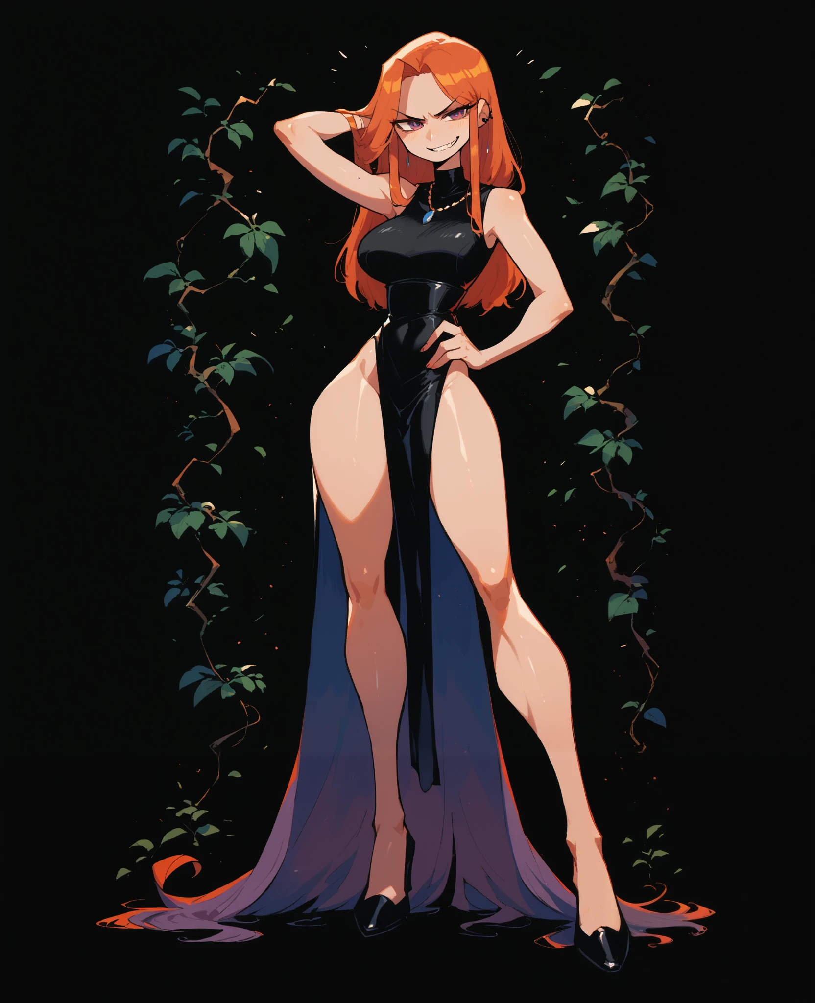 Excellent work 4K, details, extreme details, high resolution, 1 woman , Long hair , smirk , long legs , abdomen, large breasts , Stand on hips , hand behind head