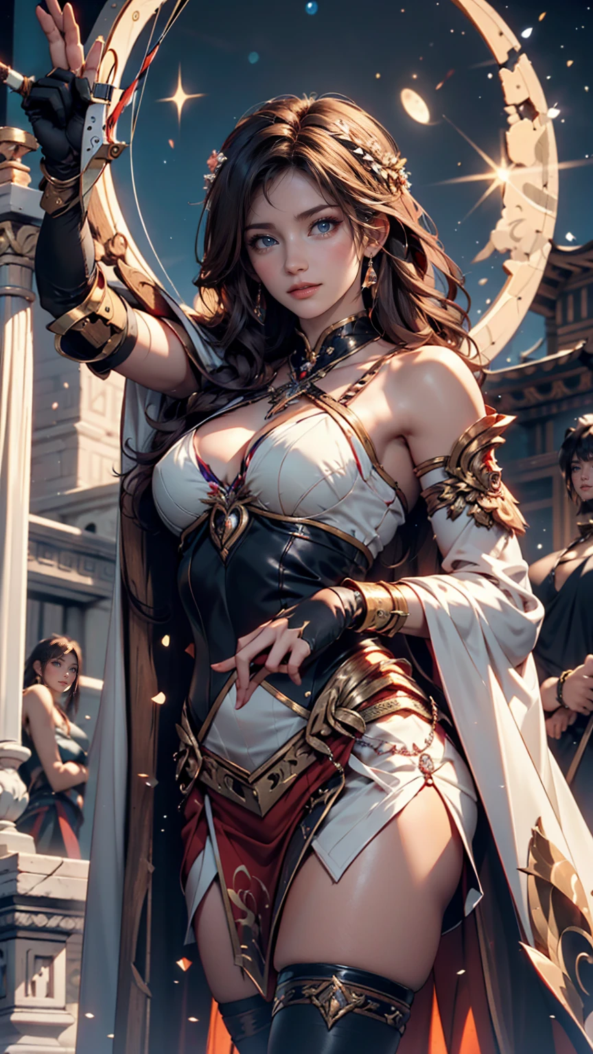 carmilla, (ancient greece armor:1.2), fluttering hair, long wavy hair, long curl hair, (huge tit, upper body from below:1.2), blush, gentle smile, hands on hip, in grassland, sunset