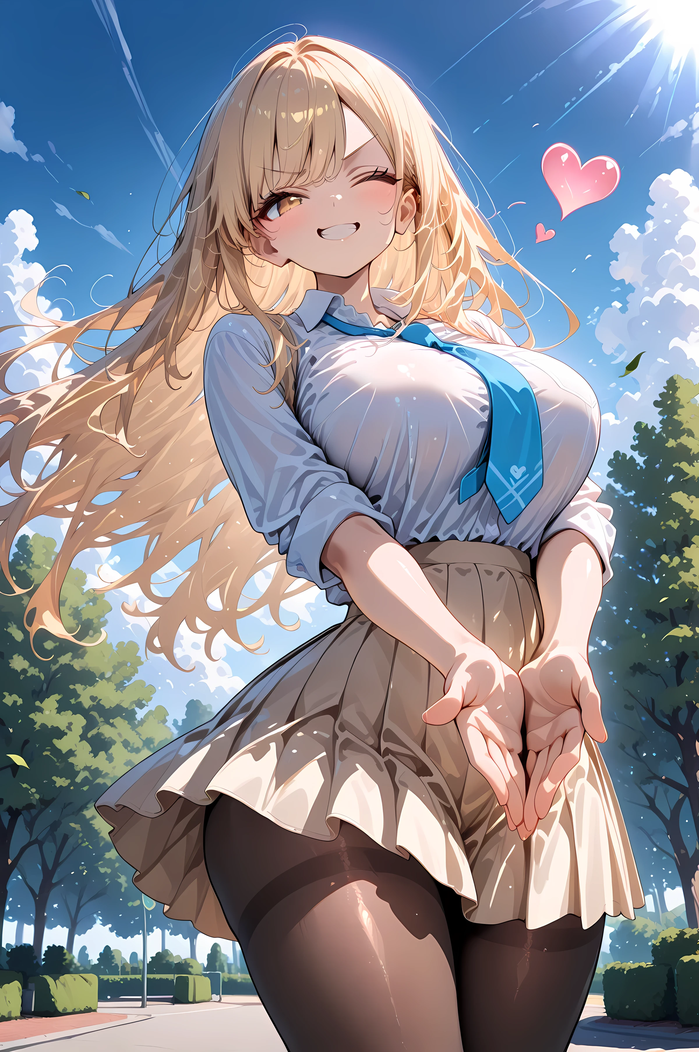 master piece ,Best Quality ,amazing quality ,(Beautiful face) , best quality, absurdres, newest, very aesthetic,highres,sensitive ,smooth face ,break 1girl ,solo ,shiny skin ,large Breasts ,slender ,Light brown eyes ,Blonde ,long hair ,(v-shaped eyebrows:0.8) ,white shirt ,Sleeves rolled up ,Light blue tie ,black pantyhose ,high school students , beige miniskirt ,boob tent ,break ,Making a heart symbol with hands ,smile ,wink ,wink, one eye closed ,wind ,park ,xss ,epic ,view from below