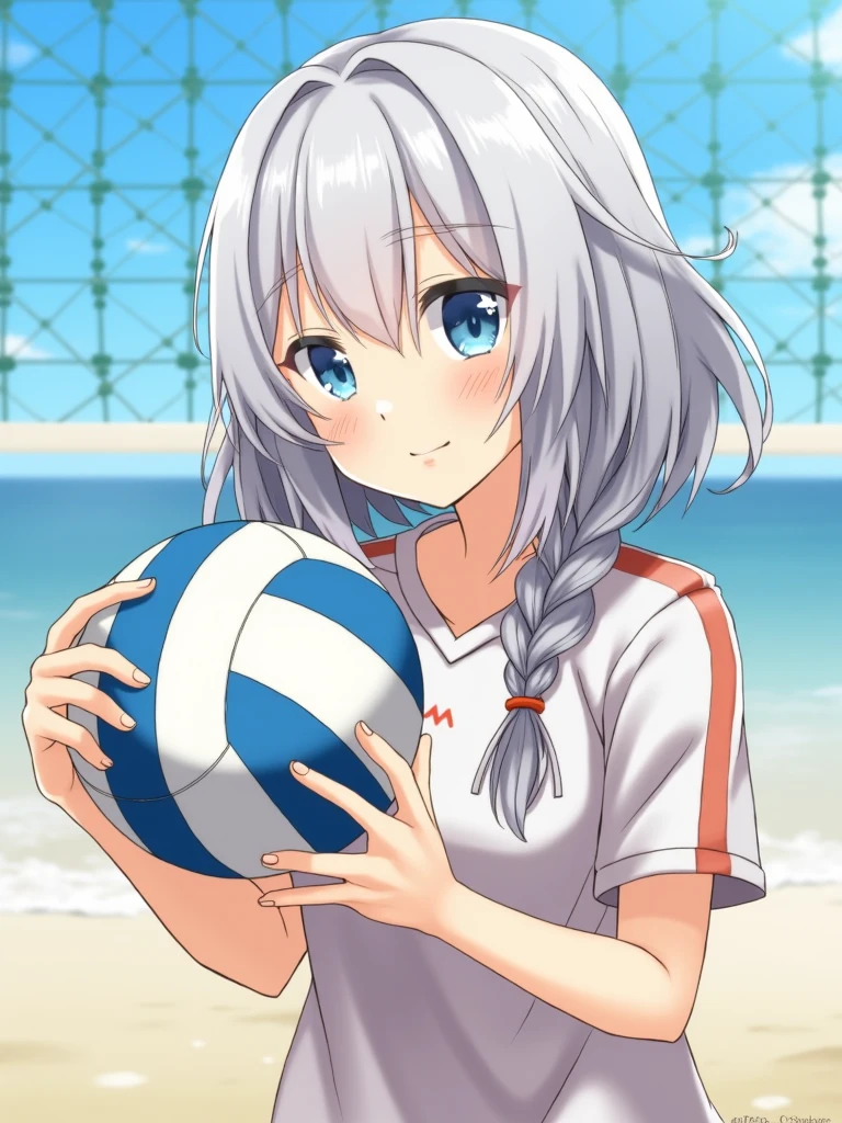 masterpiece, Highest quality,pastel colour,blush,Mouth closed,Cowboy Shot ,Leaning forward,look away,beach,Push out your hips,Lifting a watermelon beach ball,My chest is crushed,School Swimsuit,Photoreal 1;4,Wet hair Silver hair, {{Beautiful medium sized breasts 1:4}},Highest quality,pretty girl,High Quality Backgrounds, Slanted Eyes, Detail of wrinkles on shirt chest,break, {{Beautiful blue eyes 1:4}}, break, Five Fingers