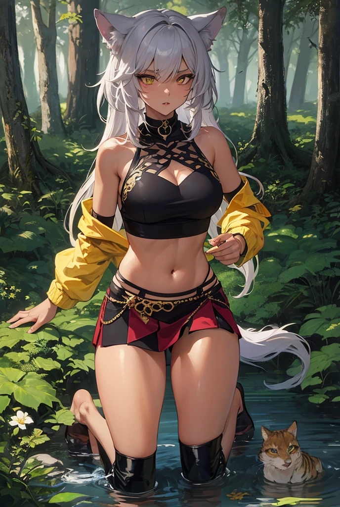 anime style, anime coloring, cowboy shot, 1girl, looking at viewer, smile, red skin, colored skin, demon girl, oni, horns, oni horns, orange and yellow eyes, pointy ears, hair between eyes, white hair, bangs, long hair, scar, scar on face, scar on cheek, crop top, cleavage, fishnets, gloves, single glove, pants, see-through, short sleeves, sidelocks, solo, sports bra