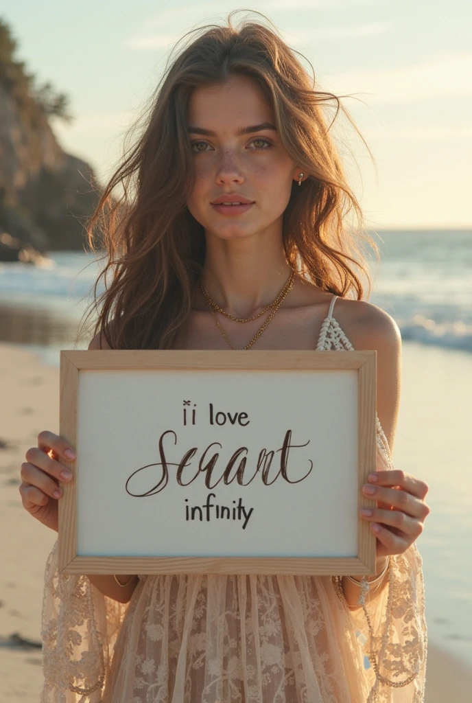 Beautiful boy with wavy long hair, bohemian dress, holding a white board with text "I Love Seaart Infinity" and showing it to the viewer ajay yadav name 