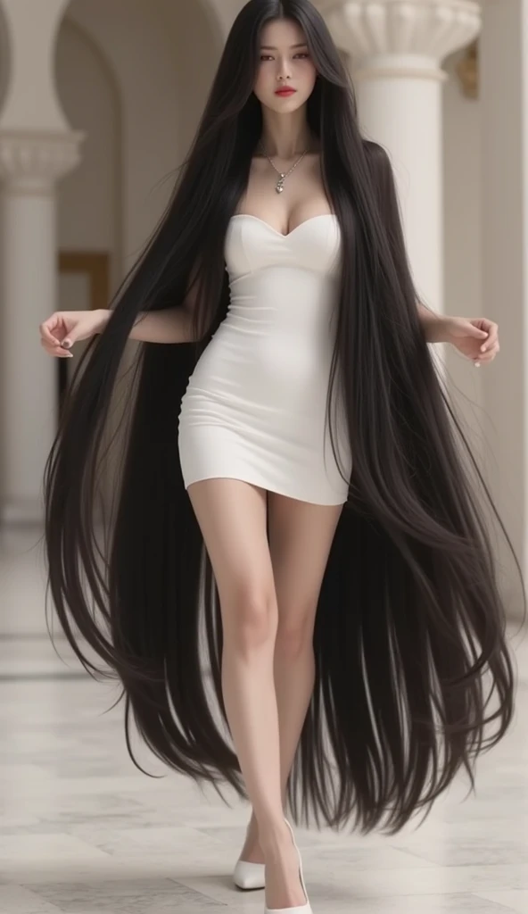 Best quality, masterpiece, ultra high res, (photorealistic:1.4), raw photo, 1girl,(naked in a short see through silk dress:1.4),(Impossible Long Hair:1.7),drawn action: (the girl is posing in a long hair contest with her hair trailing long on the ground:1.4), detailed eyes and face, complete body visible, dynamic lighting, in the dark, huge amount of her hair covers the ground, deep shadow, low key
