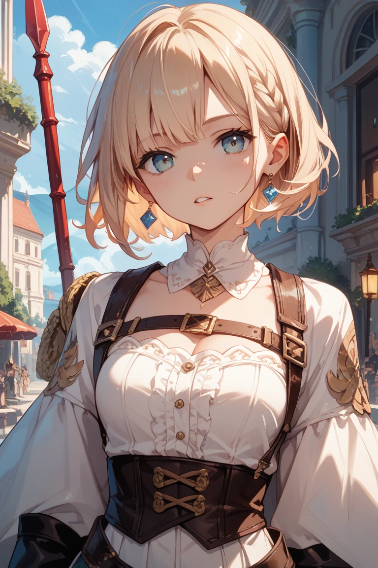 (Trading Card Game Frames:1.7),(((Armor and sword of Joan of Arc:1.3))),(((Ancient Western Landscapes:1,3))),(((Armed Girls in Europe:1.3))),(((Enhance your movements with a sword with a motion blur effect:1.3))),(beautiful a girl),Red pleated skirt,breast slip,(blondehair,See-through bangs and intricate braids、twisted beaded ponytail),(((emphasizing breasts:1.3))),(Dynamic angles),(Dynamic and sexy forward pose:1.3),(((Dignified statue))),(((hair pin,a necklace,piercings))),Colossal tits,Blush with embarrassment,Enraptured eyes,skin glistening with sweat,gazing at viewer,Disturbance of clothing due to movement,pointed red mouth,Perfect round face,,Proper body proportion,Intricate details,Very delicate and beautiful hair,photos realistic,Dreamy,Professional Movie Lighting,realistic shadow,Solo Focus,Beautiful hands,Beautiful fingers,Detailed finger features,detailed clothes features,Detailed hair features,detailed facial features,top-quality,Ultra-high resolution output image,) ,(The 8k quality,),(Image Mode Ultra HD,)