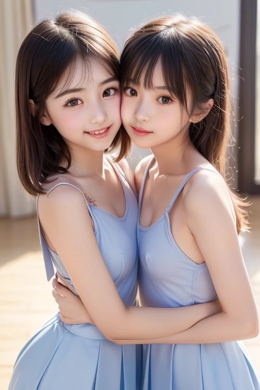 Two girls standing in a schoolyard with cherry blossoms in full bloom,bangs,Thighs,knees,From below,Front light,,Short hair with bangs、Low Ponytail、 ((Long white silk camisole, White panties))、(slim)、((Are standing、White pantiesがスカートから見えています、Lift the hem of your skirt slightly with both hands.))、((Two people hugging each other closely、Two people kissing、Two people pressing their lips together、Two hands each))、Small breasts、Small breasts、、Small breasts、Flat Chest