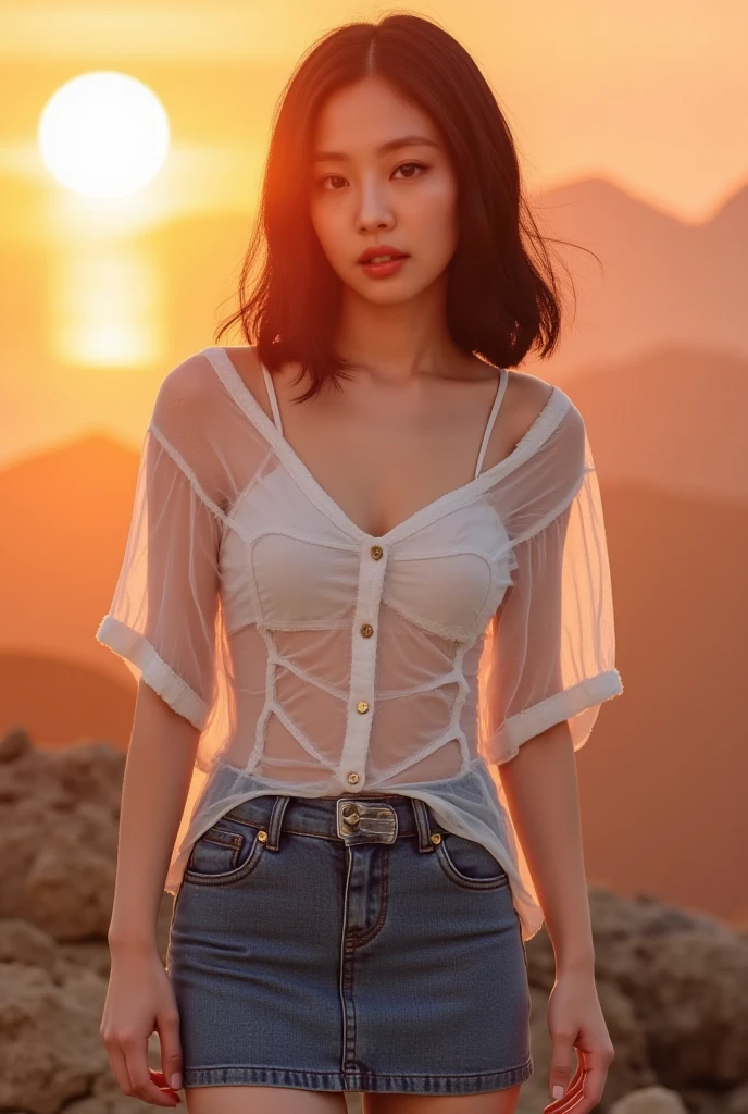 1 girl in,Very beautiful 30 year old Japanese woman、Hair so short、vision、chest neckline、the wind、Dark cloudy sky、It's raining a little、Body as a model、The shirt、Open the legs、Top-notch image quality、Superior image quality、looking at the camera、focus on the eyes、boldness、leaf runner