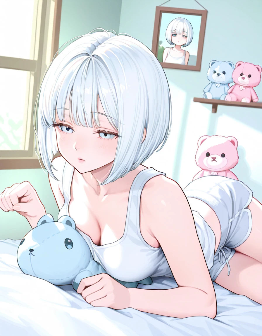 Beautiful illustration, best quality, cute girl, ((Inside a cute bedroom)), ((Low angle)), ((From below)), ((Squatting)), pastel color, natural tones, ((Platinum hair)), ((Cute foxgirl)), ((Looking at viewer)), ((Slim body)), ((White bra)), ((Denim shorts)), ((Embarrased)), ((Open mouth)), (Blush), bright lighting, ((Big eyes)), ((Thumbs up)), ((Perfect hands))