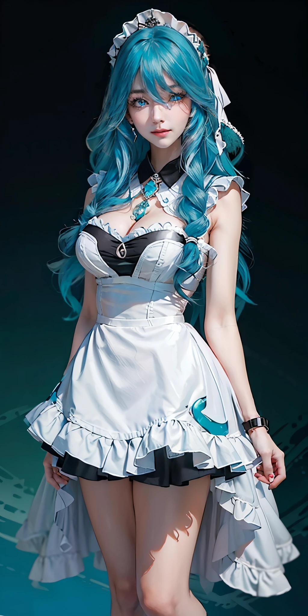 (masterpiece), best quality , night, expressive eyes, perfect face, 1girl, (large breasts), (Turquoise eyes), semi-long hair, light wavy hair, hair between eyes, (turquoise hair color), thin smile, Looking at viewer, short dress, black maid uniform, white maid headdress , black background