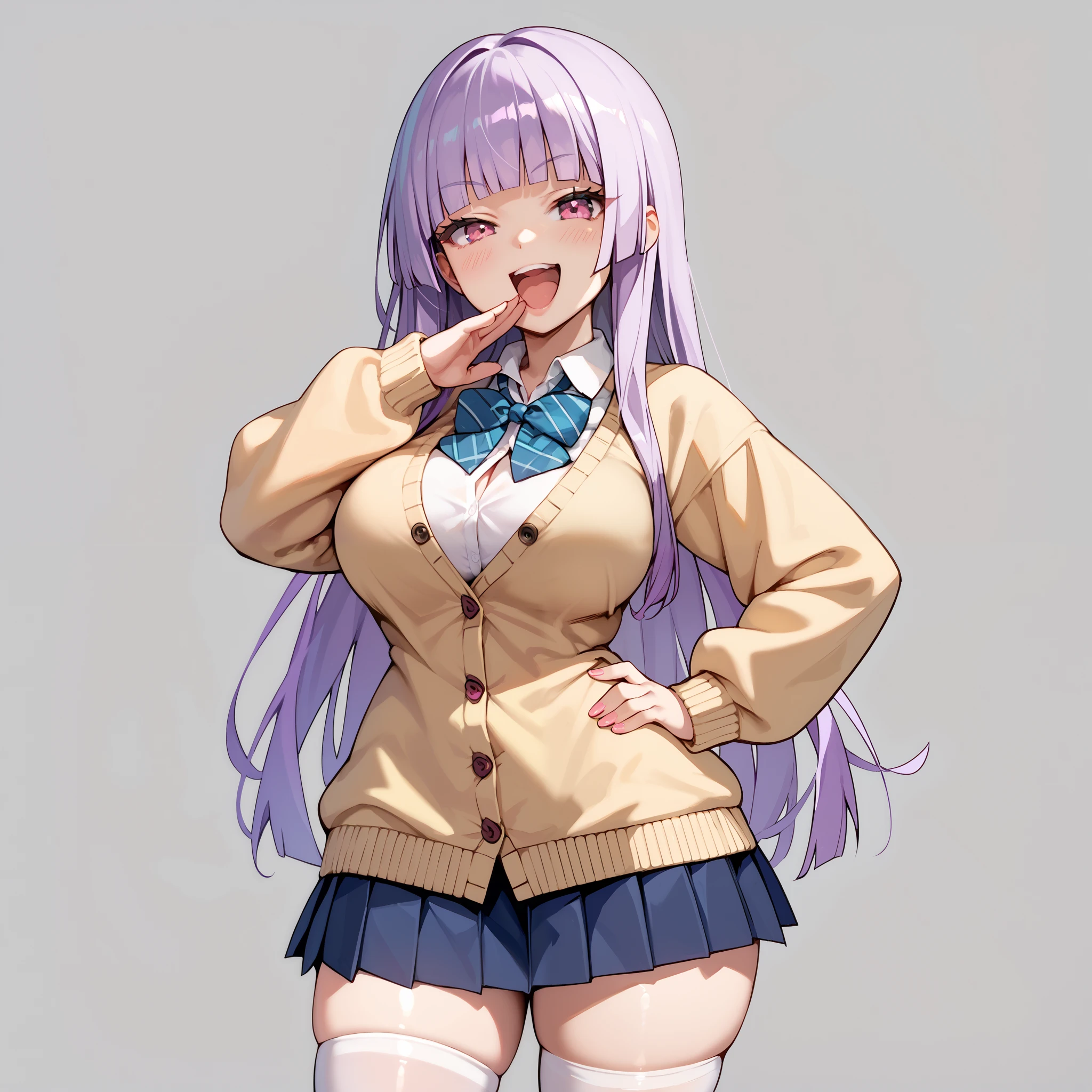 1girl, very long purple hair, hime cut, blunt bangs, pink eyes, big breasts, narrow waist, wide hips, thick thighs, yellow cardigan, long cardigan, long sleeves, collared shirt, white shirt, black pleated miniskirt, white thigh high socks, school uniform, blushed, ojou-sama pose, laughing, smug, hand to own mouth, open mouth, cute, hand on hip, standing, looking at viewer, simple background, from the front view