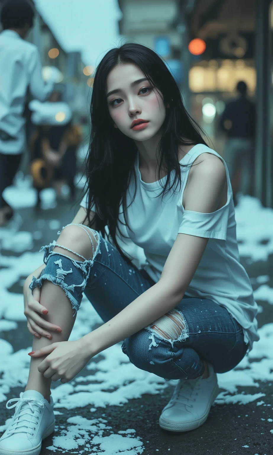 best image quality, masterpiece, super high resolution, (fidelity:1.4), photo, 1 girl, white shirt, torn jeans, white sneakers, dim, darkness, despair, pity, poor, movie, tears, teardrops, (torn clothes:1.5), (wet clothes:1.4), bare shoulders, real rain, wet hair,..