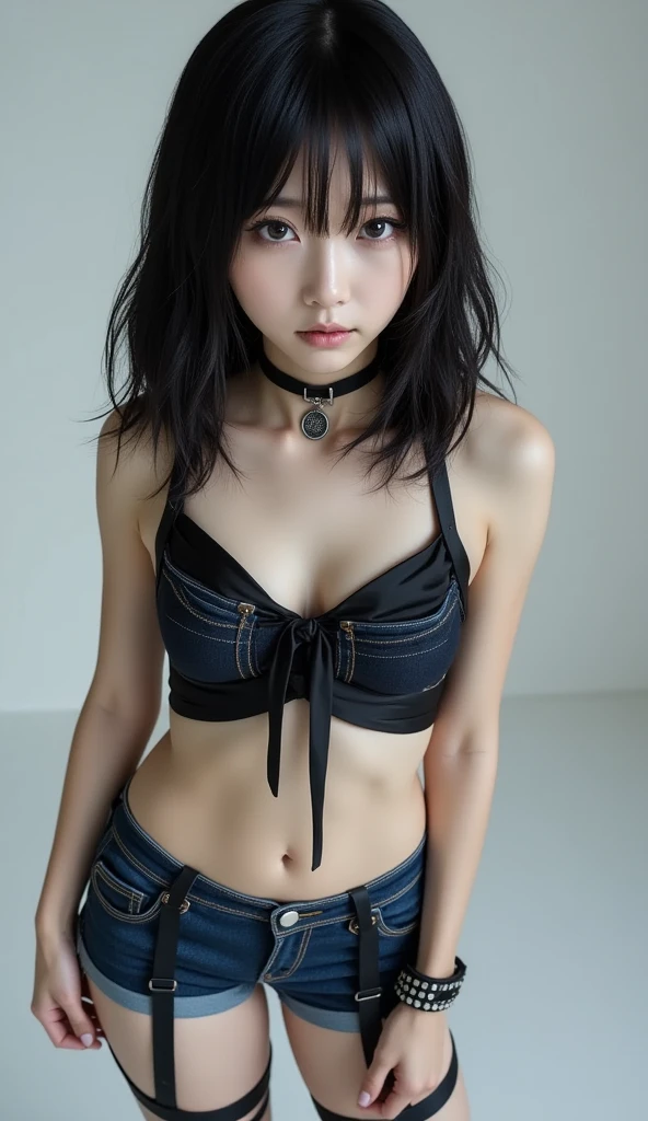 Sexy young Japanese cyberpunk girl of 20 years old, slim body medium height with pale white skin and small cleavage, dark underwear, dark messy hair with red highlights and shaved one side, nose stud, full length shot facing camera, very sexy girl, japanese babe, white skin