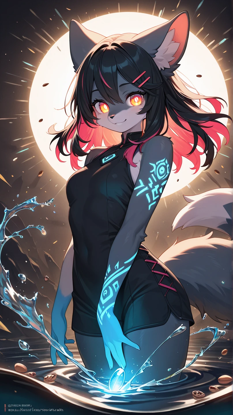 Furry girl, Young, wolf, black sclera, White eyes, black messy hair, long spiky ponytail, clear black body fur, fangs, black bikini, paws whit three toes, full body, forest, night sky, glistering body, shiny body, skinny, high quality, masterpiece, small breasts, short worn and torn white t-shirt, tights worn and torn, fly, blue fire on palm hands, blue fire particles,