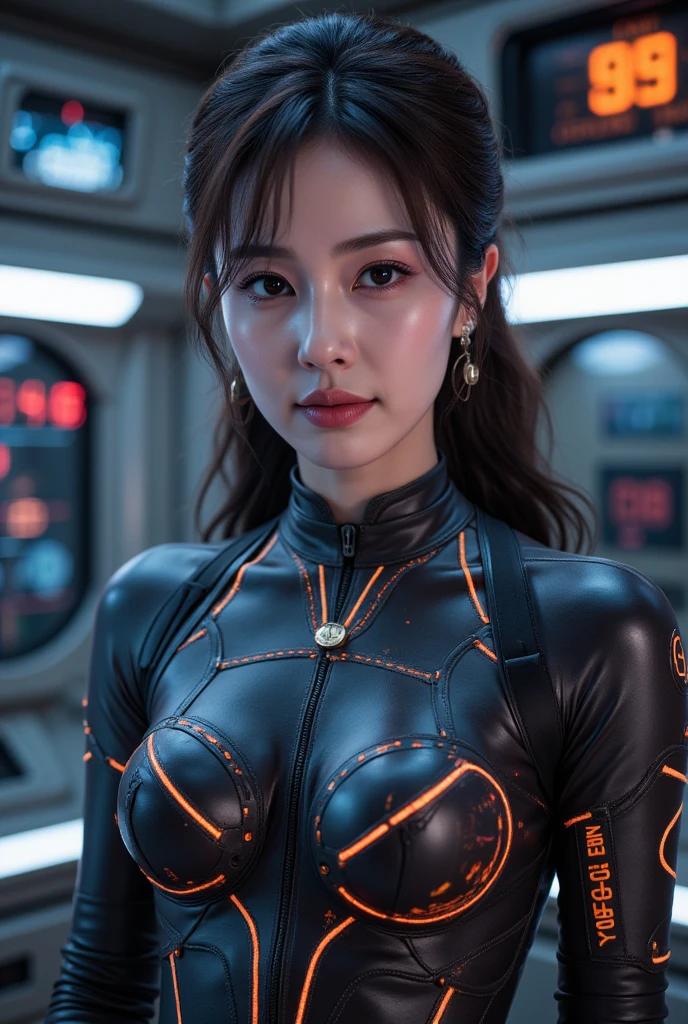 (1 female)、Highest quality、masterpiece、Ultra-high resolution、(Photographic realism:1.4)、Original photo,Octane Rendering、8k、Ultra Sharp、((Hair Bun)),Extremely detailed CG),(((8k))),wallpaper,((Very sophisticated and beautiful)),(((masterpiece))),(((Highest quality))),(((Ultra-high resolution))),Beautiful lighting,Near futureの武器を持って構えて、Near futureな武器がたくさん並んでいる、Surrounded by weapons、窓から見えるNear futureの風景、universe船が飛んでいる、Perfect Lightning,Realistic shadows,Near future、universe、In a cyber suit、未来のuniverse船、Wide Shot、The chest is visible、Bold、whole body、Focus on the front.Proper body balance,Beautiful Hands,Beautiful fingers,Detailed functions of the fingers,A relaxed smile,