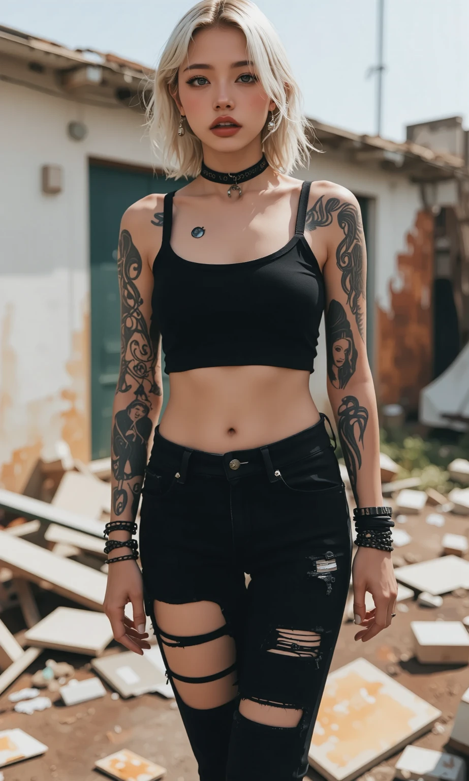 (best quality, masterpiece, ultra high resolution), (8k wallpaper, high-definition, HDR, RAW, Cinematic lighting), (hyperrealistic), (authenticity: 1.4), (full body shot), 1girl, ((18 year old girl)), ((Messy Brown hair)), ((Dyed bangs)), ((Highlighted ((Pretty French Girl)), ((Pretty face)), ((Tight clothes)), ((Blue Eyes)), ((Pale skin)), amazing slim body, thick legs, thick thighs, big ass, wide hips, flat tummy, ((perfect hands)), ((Standing)), ((Black tanktop)), ((Black trousers)), (((Esoteric Tatoo on arm))), ((view at viewer)), ((Subtle smile)), (((In the corner of an underground club))), artificial illumination, rave illumination, partyillumination, contrast