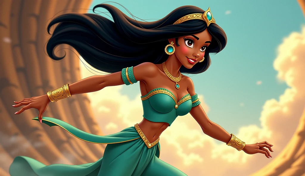 Stunning Princess Jasmine, photo in 8k, in action, cinematic.