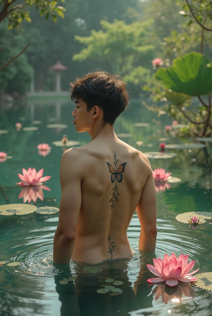 korean boy ( 15 years old) short with small penis very thin very thin waist beautiful delicate face short black hair naked, He is standing in front of him in a forest and a fish is coming out of his anus and tentacles are coming out of his ass.