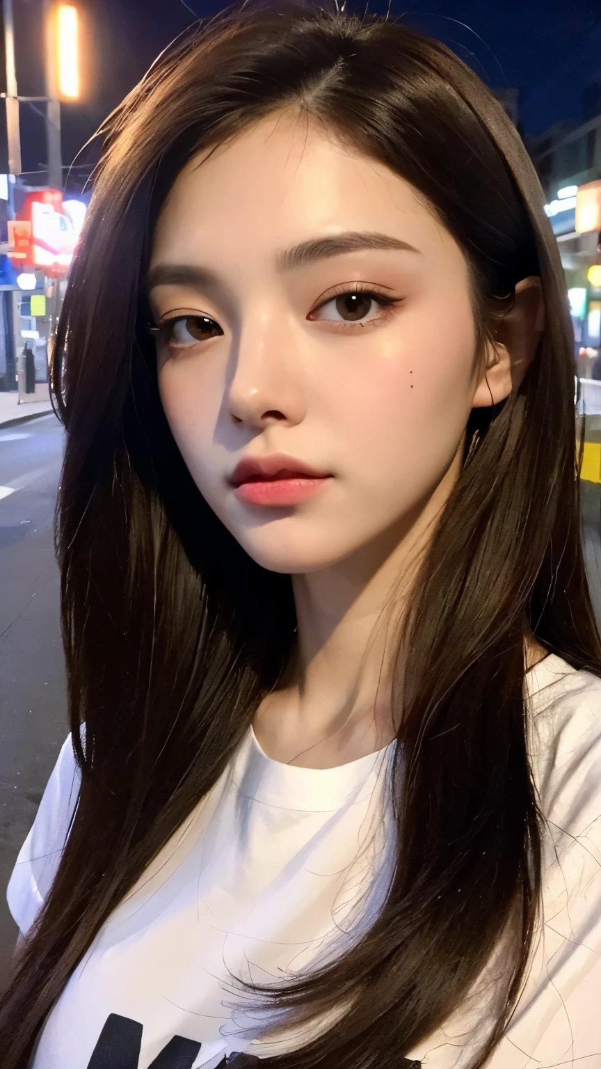 woman, (Realistic), (Hyperrealism), (photoRealistic), Depth of written boundary, eye make up:0.5, (Upper Body:1.2), (Tight waist:0.7), Looking at the audience, Casual clothing, On the city streets,