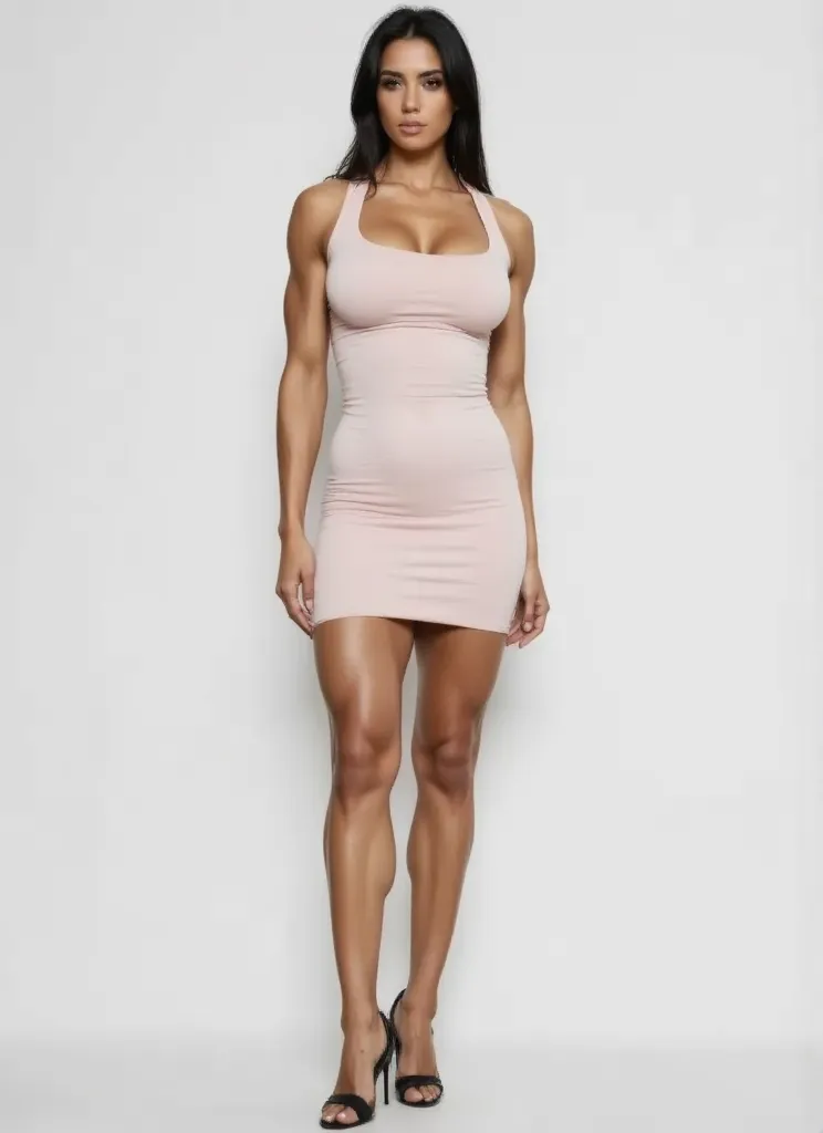 woman in a pink dress posing for a picture, wearing a pink dress, dressed in a pink dress, pink dress, she is about 40 years old, she is about 40 years old, about 40 years old, she is about 50 years old, full body picture, (38 years old), wearing a red dress. She is 155 cm tall and around 40 years old. A woman with tanned white skin and dark hair. She is about 40 years old. Slightly full lips, dark brown eyes. Perfect body, slim body, slim waist. tanned skin, soft lips, pink lipstick, a feeling of lightness and joy, hyperrealism, very elaborate skin. Fitness woman, physically fit woman, full body photo, clear photo, high quality, high resolution, masterpiece, 8K.