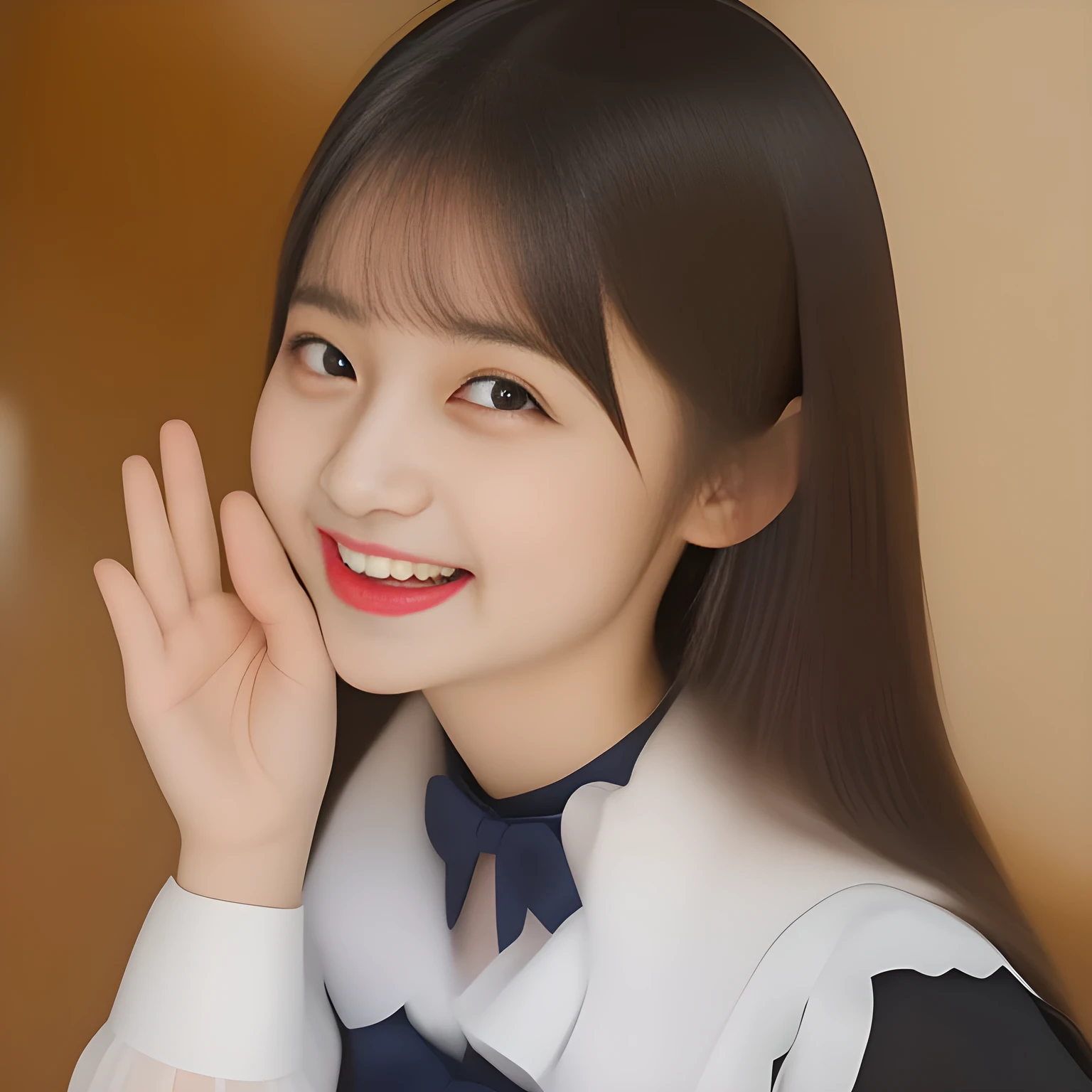 (masterpiece, best quality:1.2), High resolution, 1080P, 8K, 1girl, solo, (zinomy: 1.0), (A noble, neat, intelligent and beautiful slender yo Japanese girl, maximum laughter of happiness: 1.3), (Incredibly well organized pure white face, Glossy lips, Very long black beautiful straight hair like a hair model, Pure and clear eyes, (((Noble and neat))) Japanese school uniform, (dark red cute school ribbon bow-tie), girly & fluttering ((frilled gorgeous expensive school blouse)), puffed sleeves, (dark-blue cutest well-pleated skirt): 1.5) ,(beautiful legs, white socks and school loafers), (Using expensive face-whitening cosmetics to make her skin more beautiful and pure by professional makeup artist: 1.0), (The neat beautiful girls know well about the viewer's super fetishism for school uniforms, and satisfies it completely with skirt: 1.0), ((Inviting me) to come most close with (mind-melting maximum laughter) and (noble hand gesture) like alluring and looking into my eyes: 1.0), (well detailed face and eyes: 1.0)
