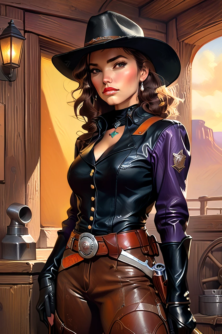 A female gunslinger wearing brown leather jacket with a purple cowboy hat, detailed gold eyes, ((gold eyes)), purple lipstick, short black hair swept back, hair tied back, intense dangerous expression and smile. Detailed hands. ((Detailed eyes)), ((Detailed face)). vibrant colors., high quality, high resolution, masterpiece, (High resolution), (high quality), (sharp focus), (best quality), cleavage. Show her drawing her pistol, full body shot. pov from the side.