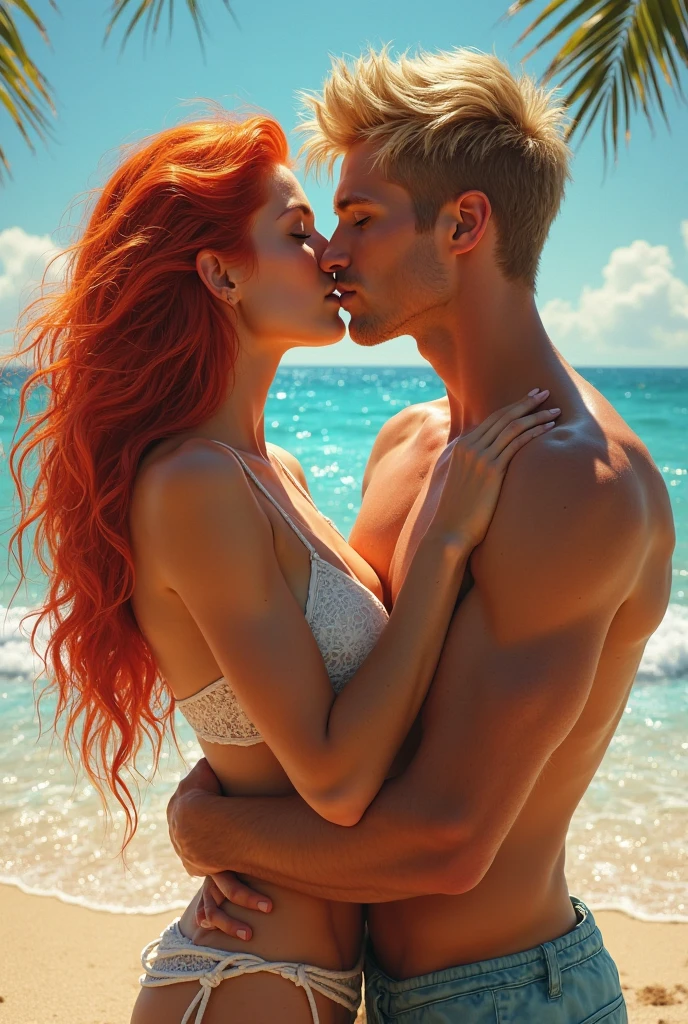 A muscular and naked man passionately kissing the vagina of a naked woman with red hair and red lips, very attractive and beautiful, by the sea