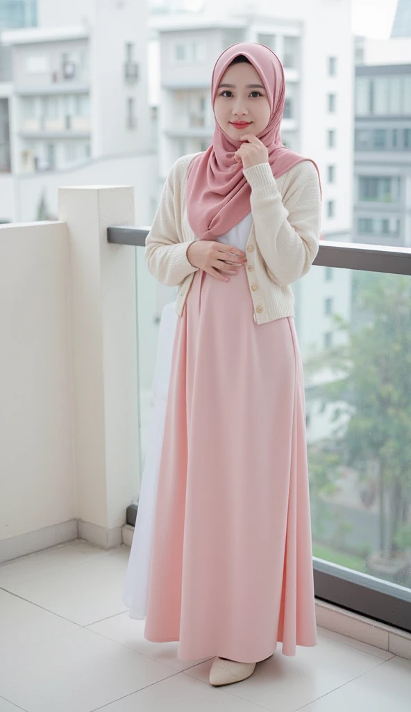 A hyderabadi 18 year old very fair skin wearing hot pink garara with grey hijab her front hair is showing, she is wearing pink heels. There is flowers in the background. Her eyebrows are arched and she had apple cheeks.