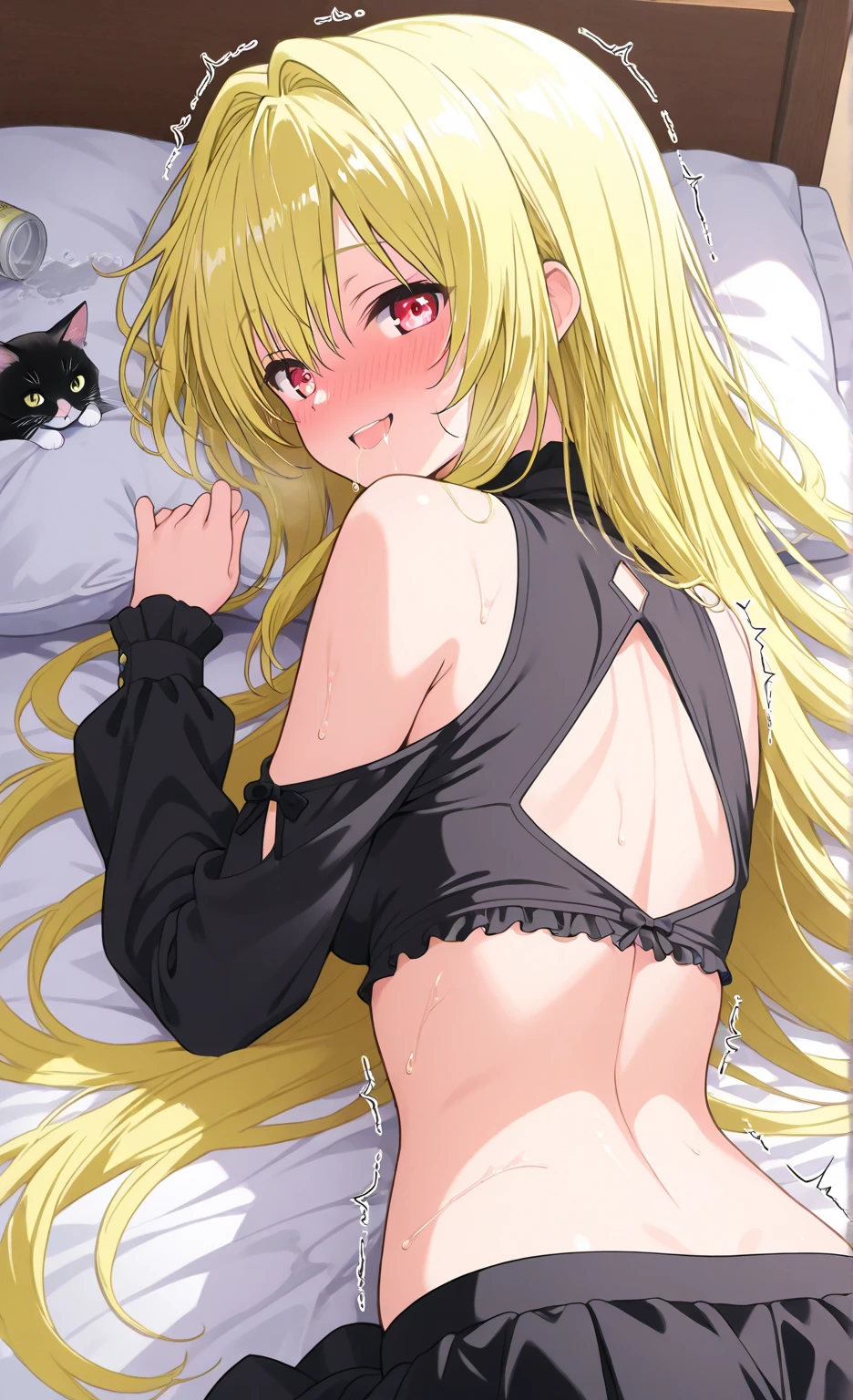 1girl, pale skin, shy smile, blonde hair, emerald green eyes, completely nude, on bed, spread legs, medium breasts, nipples, spread , ,  juice, blush, aheago face,  hair, bed sheets, pillows, a black cat in the background sleeping