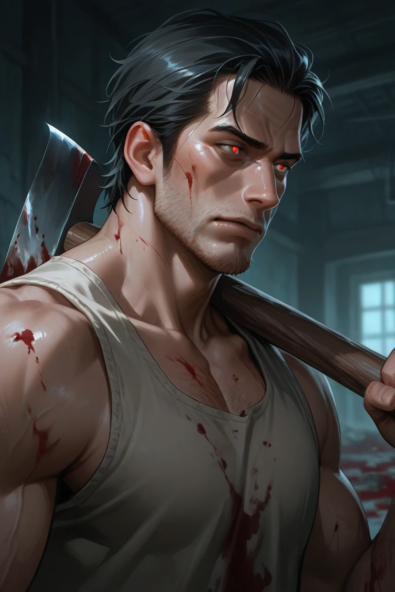 tmasterpiece,Best quality,8K,Portrait Photogram,The ogre wears denim suspenders,The clothes are tattered,horror smile,Holding a blood-stained knife in his hand,Lick its tip with your tongue,Fatal bends,terroral