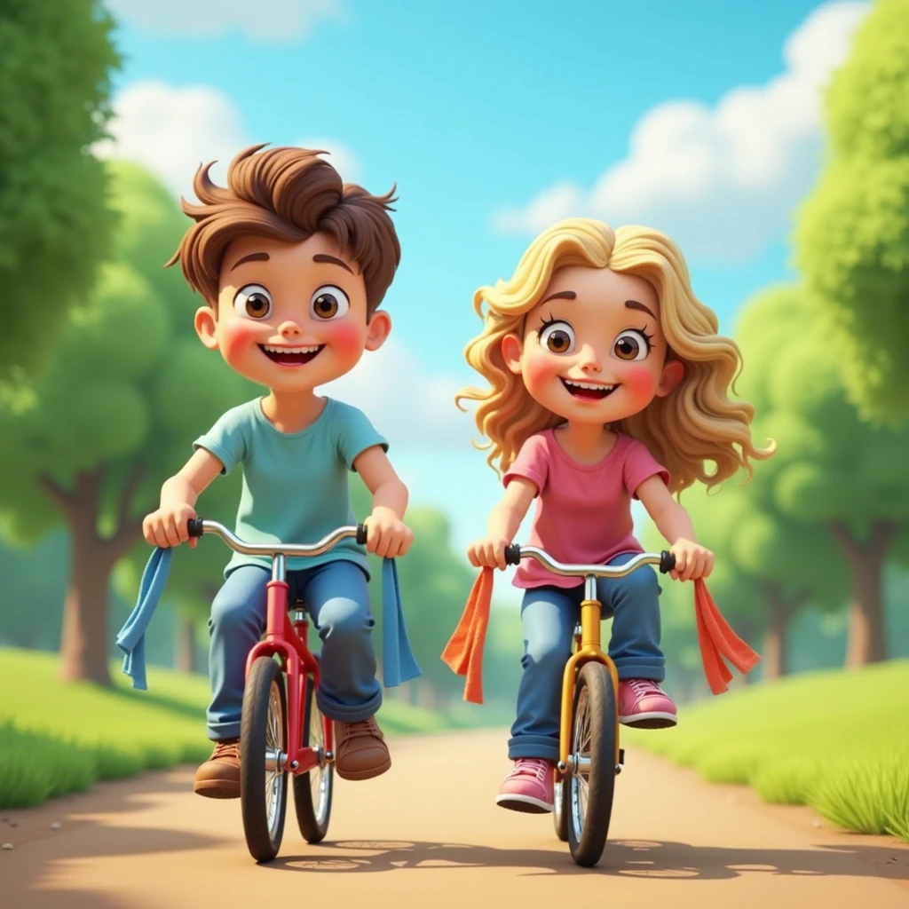 A boy and a girl, cycling, summer days, off-road, small beautifull vibrat house, High Resolution, Best Quality, Award Winning, Super Detailed, Long Hair, Short Hair, Blonde Hair, Black Hair, Smile,