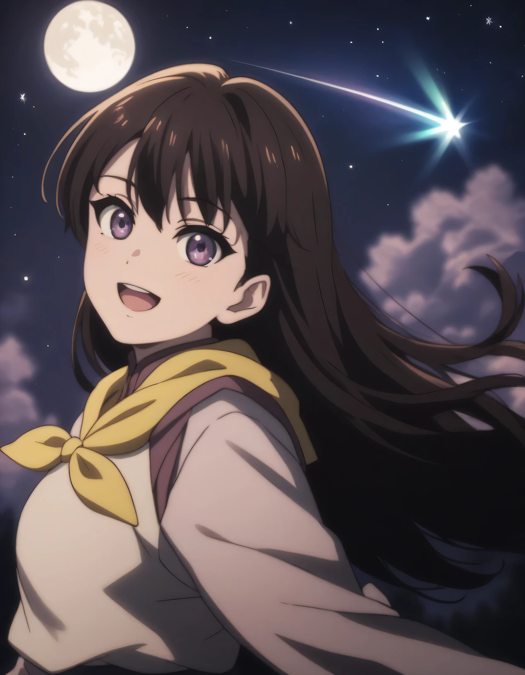 score_9, score_8_up, score_7_up, gsfghtr, multicolored robe, neckerchief, cinematic Lighting, 1girl,solo,looking at viewer,blush,smile, open mouth,moon, shooting stars, aurora on sky