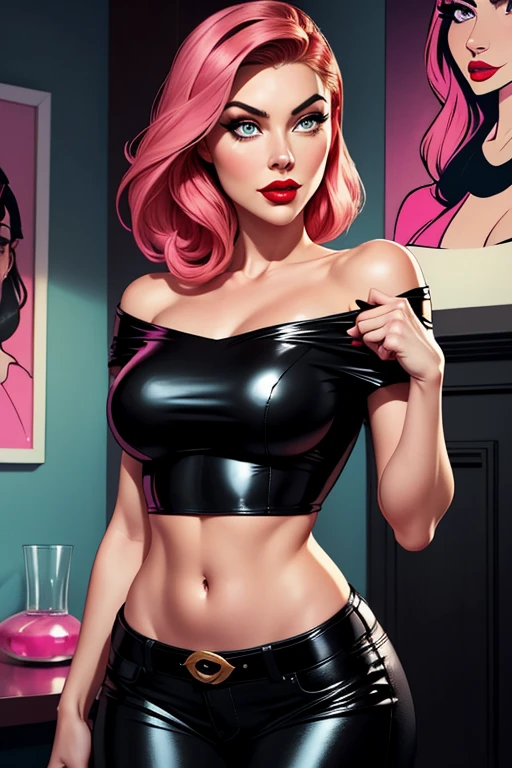 a closeup portrait of a Scarlett Johansson (only one girl) a playful pole dancer , spreading legs , pole dancing ,undercut hair, thick black tight micro skirt and thick black tight micro top, amazing body, pronounced feminine feature, busty, Club, [ash blonde | ginger | pink hair], freckles, flirting with camera
