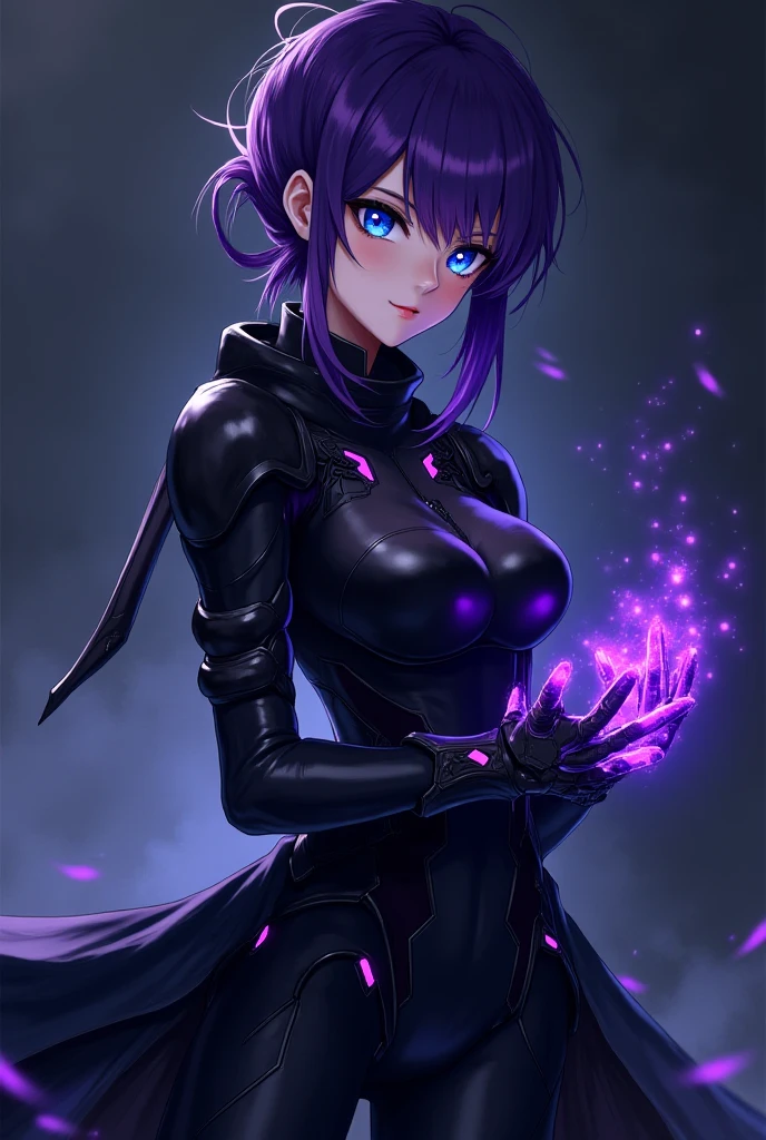 1girl, witch attire, pointy hat, purple hair, short hair, lipstick, purple eyes, blue fire, blue flames, wallpaper, landscape, depth of field, shadows of people in back, night, light particles, light rays, sidelighting, thighs, open jacket, skirt, thighhighs, hand on hips, finger on lips