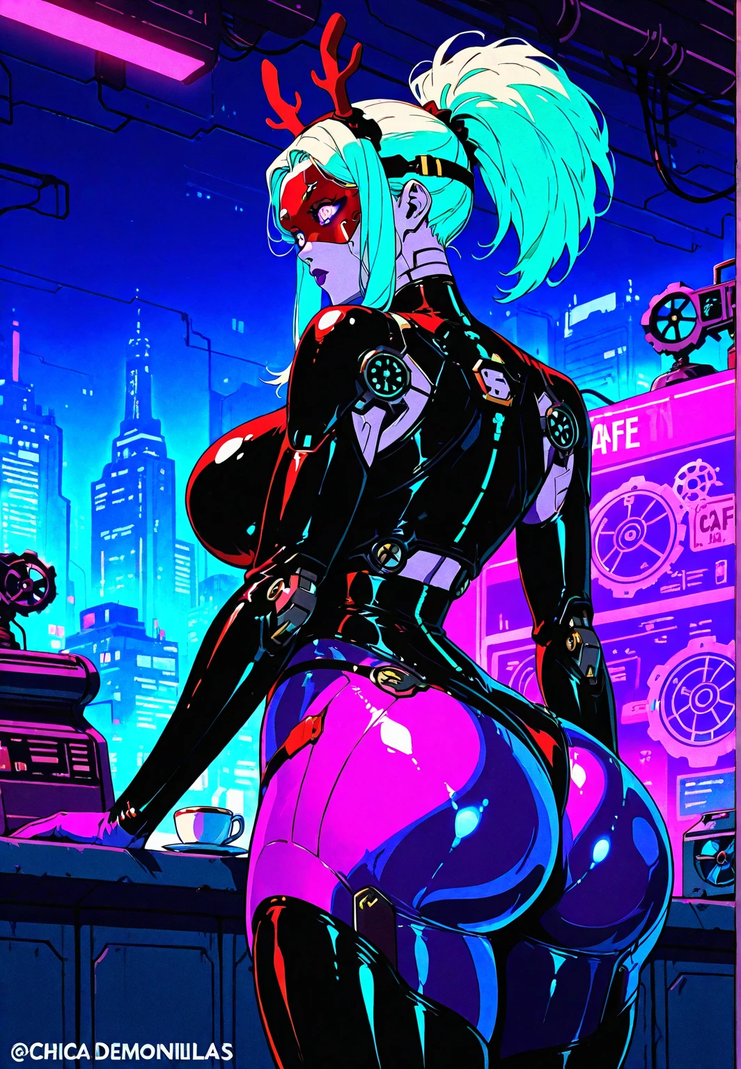 a digital painting of long-haired supergirl, cyberpunk art by Josan Gonzalez, winner of the behance contest, afrofuturism, synthwave, neon, shiny neon, thick thighs, thin waist, sensual, nsfw, little clothing, erotic art, anime, big ass, lightning coming out in one eye