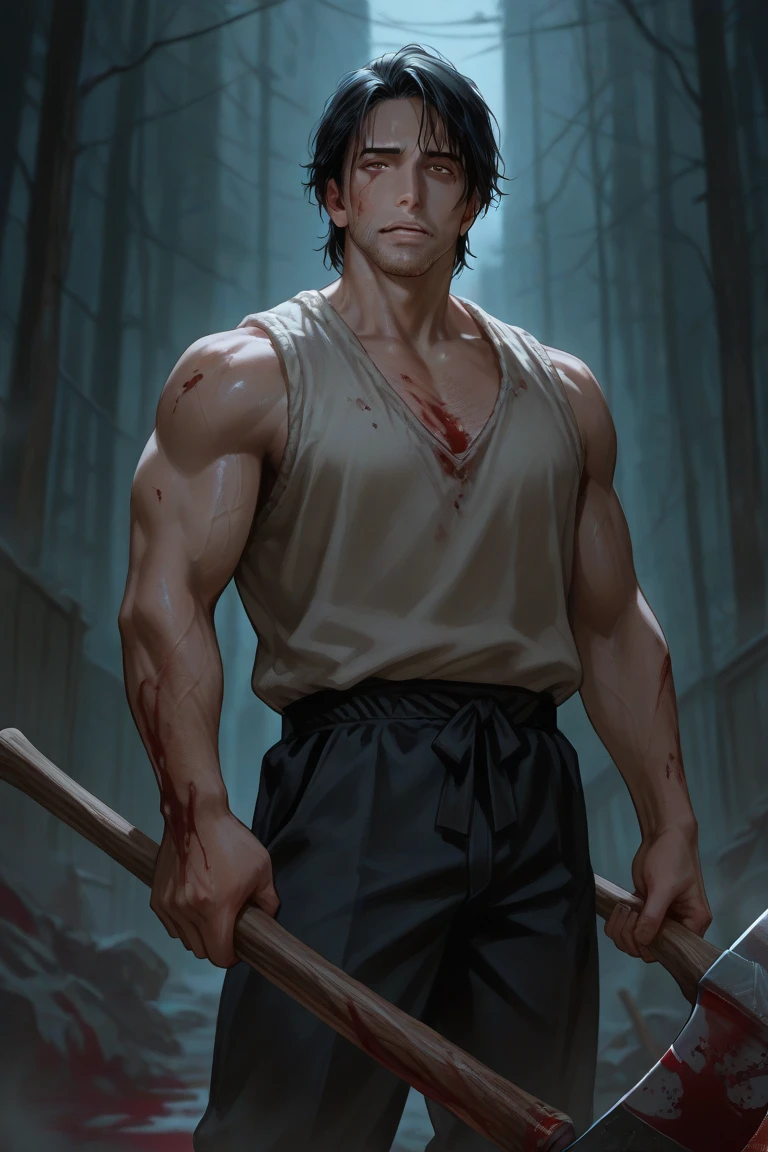 masterpiece, best quality, high resolution, sharp focus, ultra detailed, 1 man, solo focus, 25 year-old male, detailed face, high detailed face, detailed face and body, upper body, (lean muscle:1.5), (thin:1.5), tall, fair skin, handsome, perfect face, clean shaven, (very short hair:1.7), (brown hair:1.4), (white headband:1.4), thick black eyebrows, blue eyes, eyes open, serious expression, (shirtless:1.9), large pectorals, (deep bleeding scratch wounds on chest:1.6), (blood splatter on chest:1.6), large biceps, (fingerless brown gloves:1.8), (holding a whip:1.8), narrow waist, (brown trousers and belt:1.8), very large bulge, (about to strike with his whip:1.9), (nighttime:1.6), (dark scene:1.6), (dark blue tones:1.6), (background is a haunted forest at night:1.6)