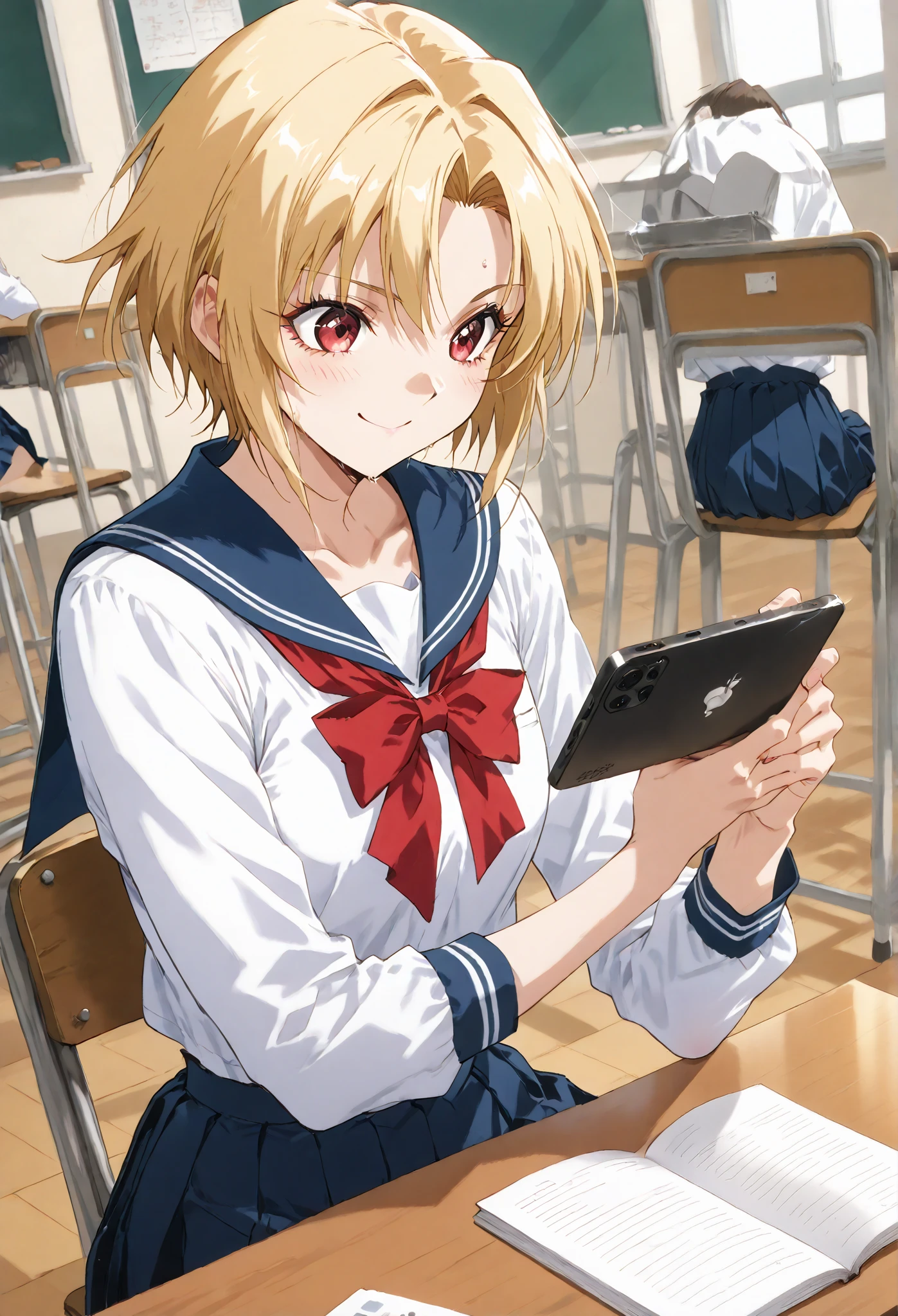 blonde short hair、 sailor uniform、School Classroom、machine、 blackboard 、(smoking heated cigarettes)、、(Licensed)、、Medium Chest、、masterpiece、best quality, , Steamy sweat, Depth of Field, customer, smile、 chatting 、 motion line, speedline ,I'm sitting on a chair and touching my phone、(Fidgeting with your phone)、Heavy makeup