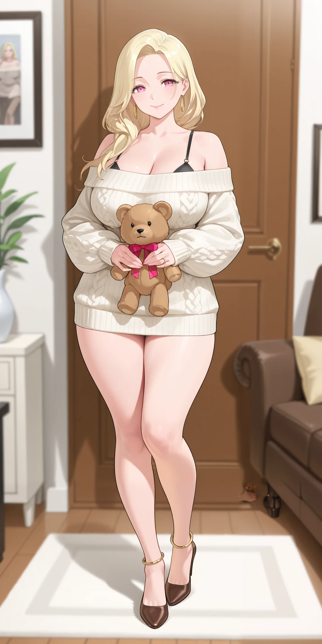 An extremely beautiful mature woman with blonde hair. She has extremely fair white natural skin, big pink eyes, big plump candy-red glossy lips, and a perfectly sexy slim body. She's wearing an oversized tube off-shoulder sweater, visible black bra straps over her shoulders, brown heels, one ring, and feet anklets. She's standing straight, kind smile, mouth closed, carrying a small teddy bear, and a living room in the background. Show her full body.