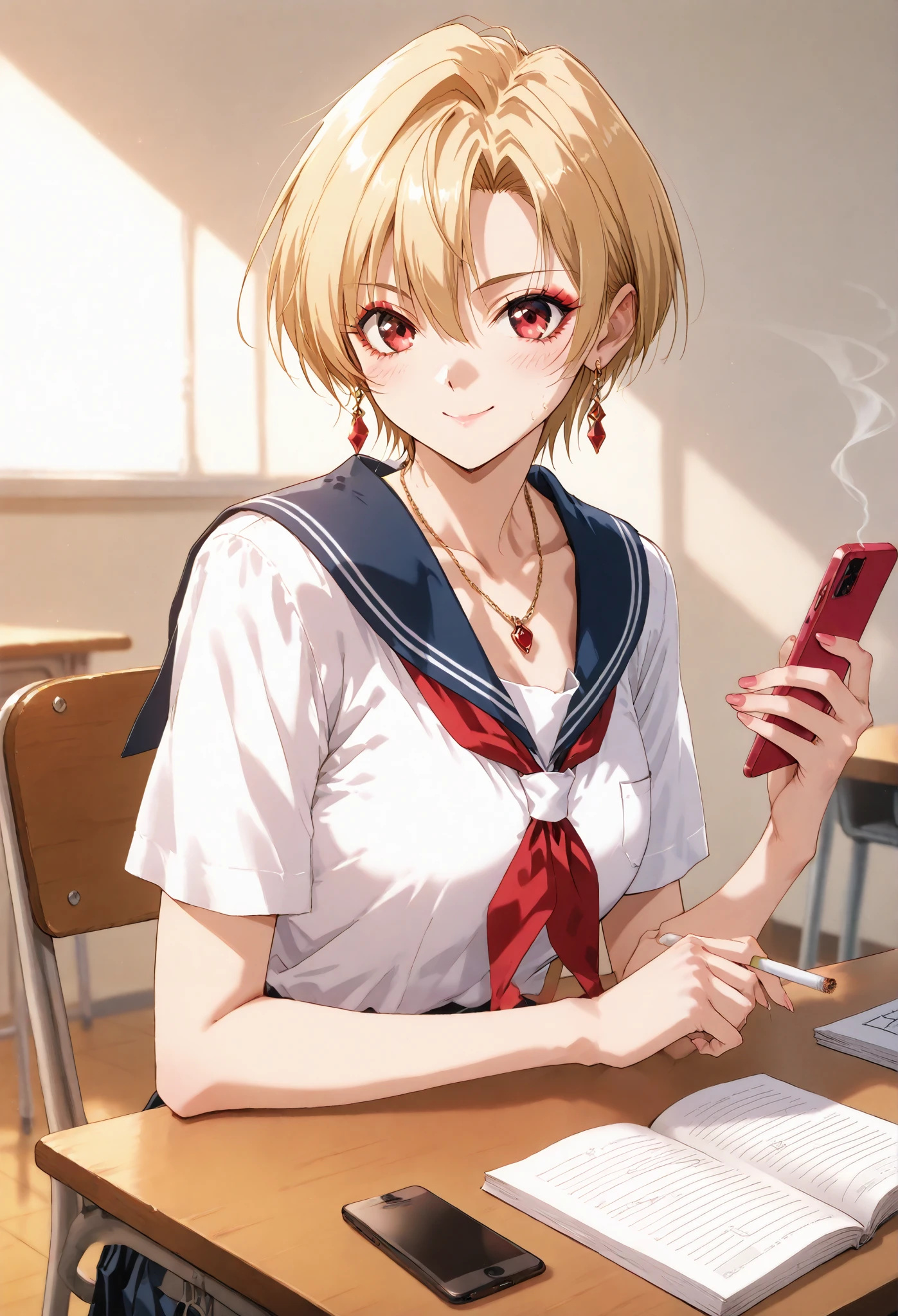 blonde short hair、earrings、 sailor uniform、School Classroom、machine、 blackboard 、(Suck a cigarette)、、(Licensed)、、Medium Chest、、masterpiece、best quality, , Steamy sweat, Depth of Field, customer, smile、 chatting 、 motion line, speedline ,I'm sitting on a chair and touching my phone、(Fidgeting with your phone)、Heavy makeup、necklaces、mascara、 eyeshadow