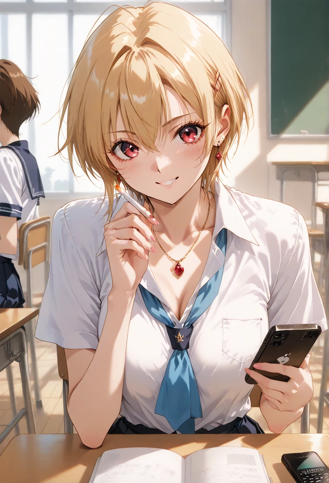Tang Jinmu, Eight girls Yukana, long hair, Bangs, blonde hair, hair between eyes, (green eyes:1.5), ponytail, colorful hair, Hair ring, high ponytail, lipstick, promote, kogal, cosmetic,
rest skirt, shirt, jewelry, Uniforms, clavicle, white shirt, pleated skirt, collared shirt, mini skirt, bracelet, green skirt,
rest looking at viewer, whole body,
rest indoors, classroom,
rest (masterpiece:1.2), best quality, high resolution, unified 8k wallpaper, (illustration:0.8), (Beautiful and delicate eyes:1.6), extremely detailed face, perfect lighting, Extremely detailed CG, (perfect hands, perfect anatomy),