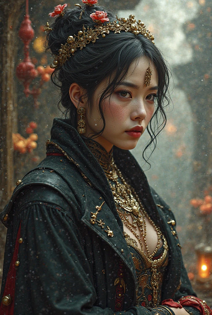 A samurai mature woman in realistic portrait of high quality and detail, movie style, mature face, 43 years old, Geisha, white makeup, She has Japanese traditional hairstyle, traditional hairstyle-nihongami, black eyes, pale skin, asian girl, She is wearing a traditional Japanese pink armor, blood on her clothes, medium breast, curvy, milf, mole on her face, dark fantasy, dark atmosphere, dramatic look, glow, eye shadow, 1girl, Depth & Perspective, melancholic face, fine face, She's standing in the japanese street, outdoors, snow on background, winter, night time, looking at viewer, (ultra-high detail:1.2), Masterpiece, Best Quality, Ultra-detailed, Cinematic lighting, 8K, delicate features, cinematic, 35 mm lens, f/1.9, highlight lighting, global lighting –uplight –v 4, cinematic, Cinematic lighting, 8K, high quality, Highest Quality, (Solo Focus), (extremly intricate:1.3), (Realistic), masterful, Analog style, (Film grain:1.5), (cold tone),