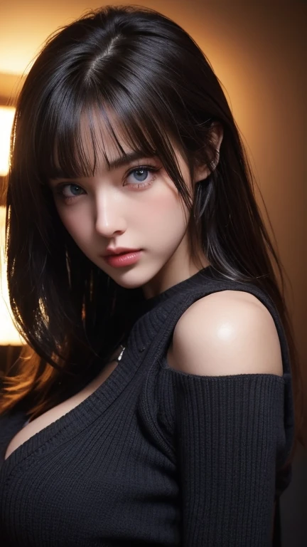 masterpiece, best quality, ultra-detailed, intricately detailed hyperdetailed, realistic, sharp features, highly detailed, sharp focus, perfect face, perfect face, perfect symmetrically perfect eyes, perfect full lips, flexible female form, cinematic, film light, hyper detailed, hyper realistic, high resolution, vibrant, dynamic studio lighting, nsfw, ((Dark background)), Sexy face, Facial expressions when receiving pleasure, straight Bangs, Big breasts, Exposed cleavage, blue Eyes,black sweater, cowboy shot,