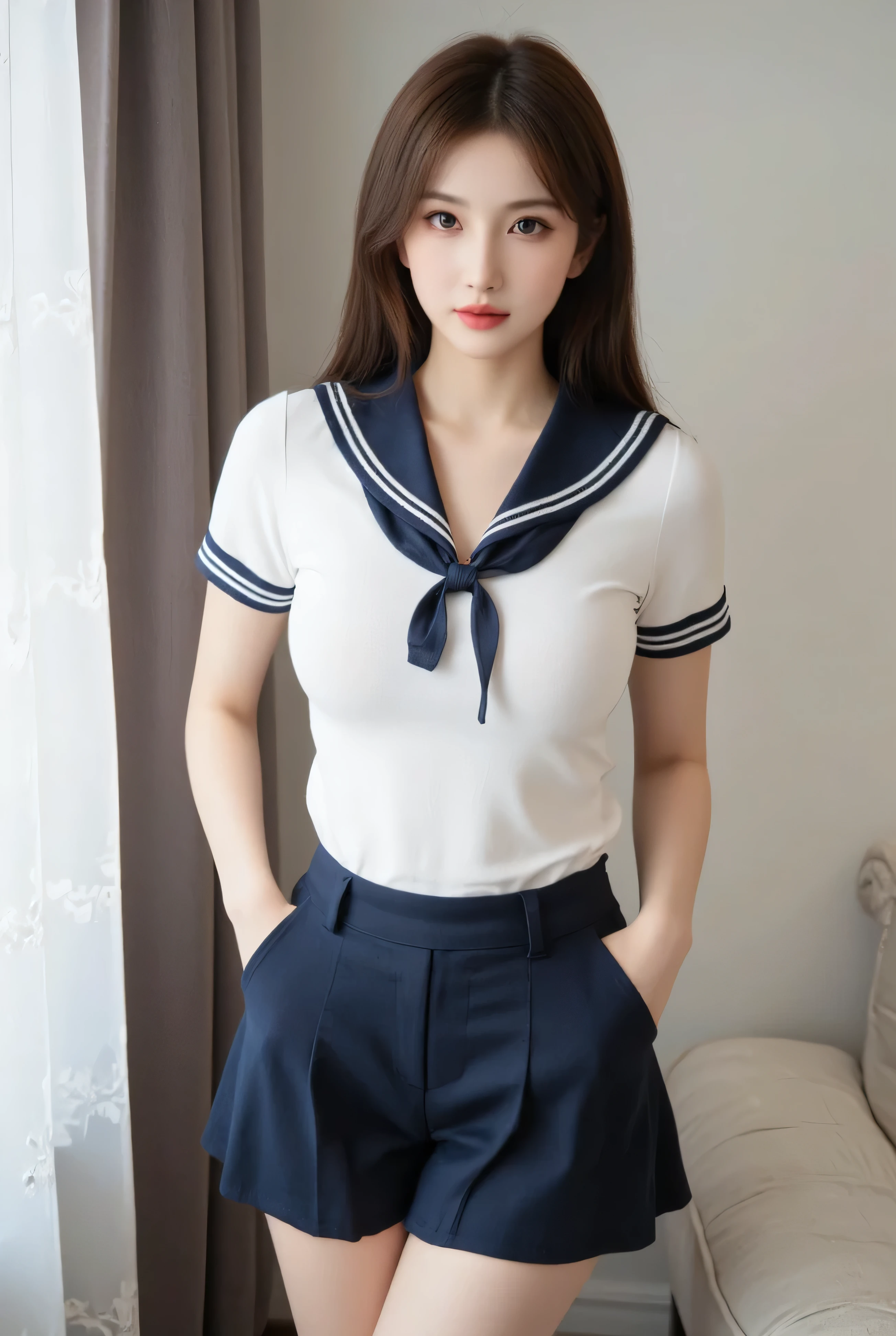 A woman who was and held captive、Sitting on the floor in a room with thin rope binding his arms and chest、((Hands behind back))、Wearing a short-sleeved blouse、Wearing a pleated skirt、Uniform eyeedium build、Well-proportioned、Small face、Small breasts、Back view、Show your whole body、 UHD, best quality, highres, 8k, textured skin