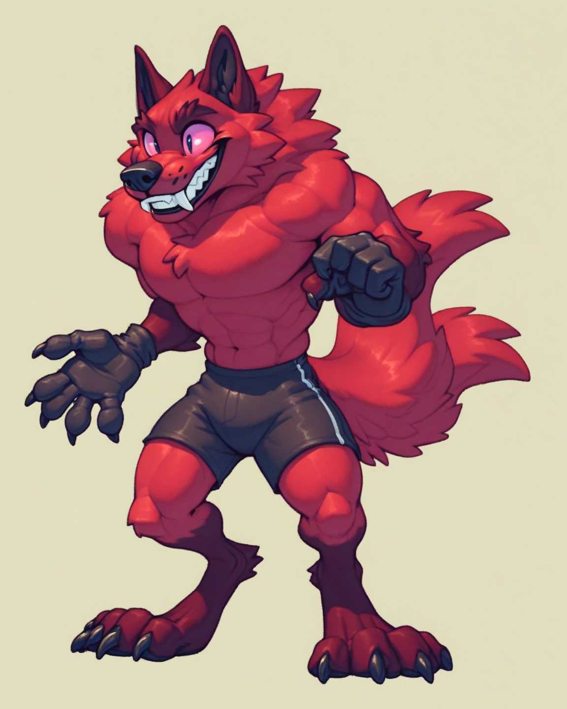 score_9, score_8_up, score_7_up, score_6_up, source_furry, solo, dof, white background, {{{BasilDBS, pink sclera, red body, red fur, whitepink inner body, whitepink inner fur, wolf, tail, black gloves, black gym Shorts, black nose, wolf ears, cheesey teeth, fangs, furry, anthro}}}, muscular, {{{sfw_nudity}}},((full body:1.3)),perfecteyes, doing a Broad Chest pose, extreme perfect detail hands,extreme perfect detail gloves,extreme perfect detail fingers,extreme natural hands, perfectly detail legs. Extremely natural feet, extreme natural fingers,perfect details anatomy, extremely perfectly Broad Chest, extreme details anatomy}}}++, yellow background,{{perfect detailed eyes,perfect detailed pupils}}, no humans,{{2d}}