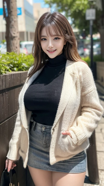 8k quality,masterpiece,best quality,cleveage,outdoor shopping ,A woman who looks 50 years old,woman with good figure,Wearing white underwear on the lower body,Wearing black underwear on upper body,Sweater coat